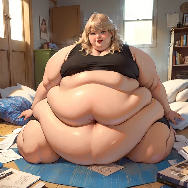 A happy Gamer photo of a young beautiful bottom heavy Gamer redhead ssbbw with pear-bodyhape, extreme wide hips, with long ginger hair soft fat belly, extremely wide fat obese hips, very obese legs, thick fat wide legs and fat arms, huge wide butt, cute pretty face, fat saggy breasts, in comfortable gamer clothes, Wearing a headphone on her head, laying on a couch eating a lot of snacks, there is a pizza and a lot of snacks next to her on the couch, barefoot on a fluffy carpet