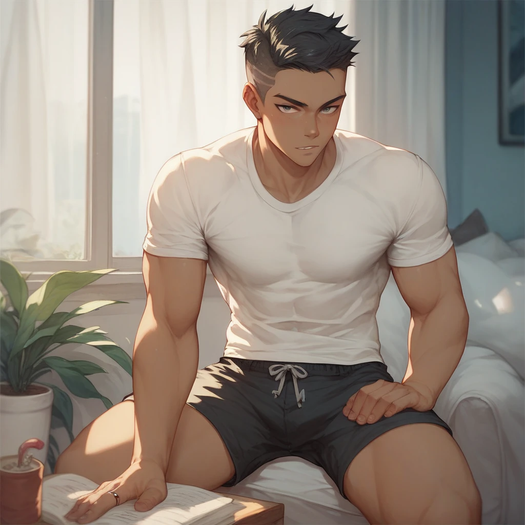 20 years old, round face, big eyes, Chinese male, white inch, huge muscles, exaggerated muscles, mature man, muscle swelling, bodybuilding, chest muscles, abs, lots of sunflowers, sitting position, wearing white shirt, open shirt, jeans, sneakers, natural light, wheat-colored skin, 1man, metal glasses