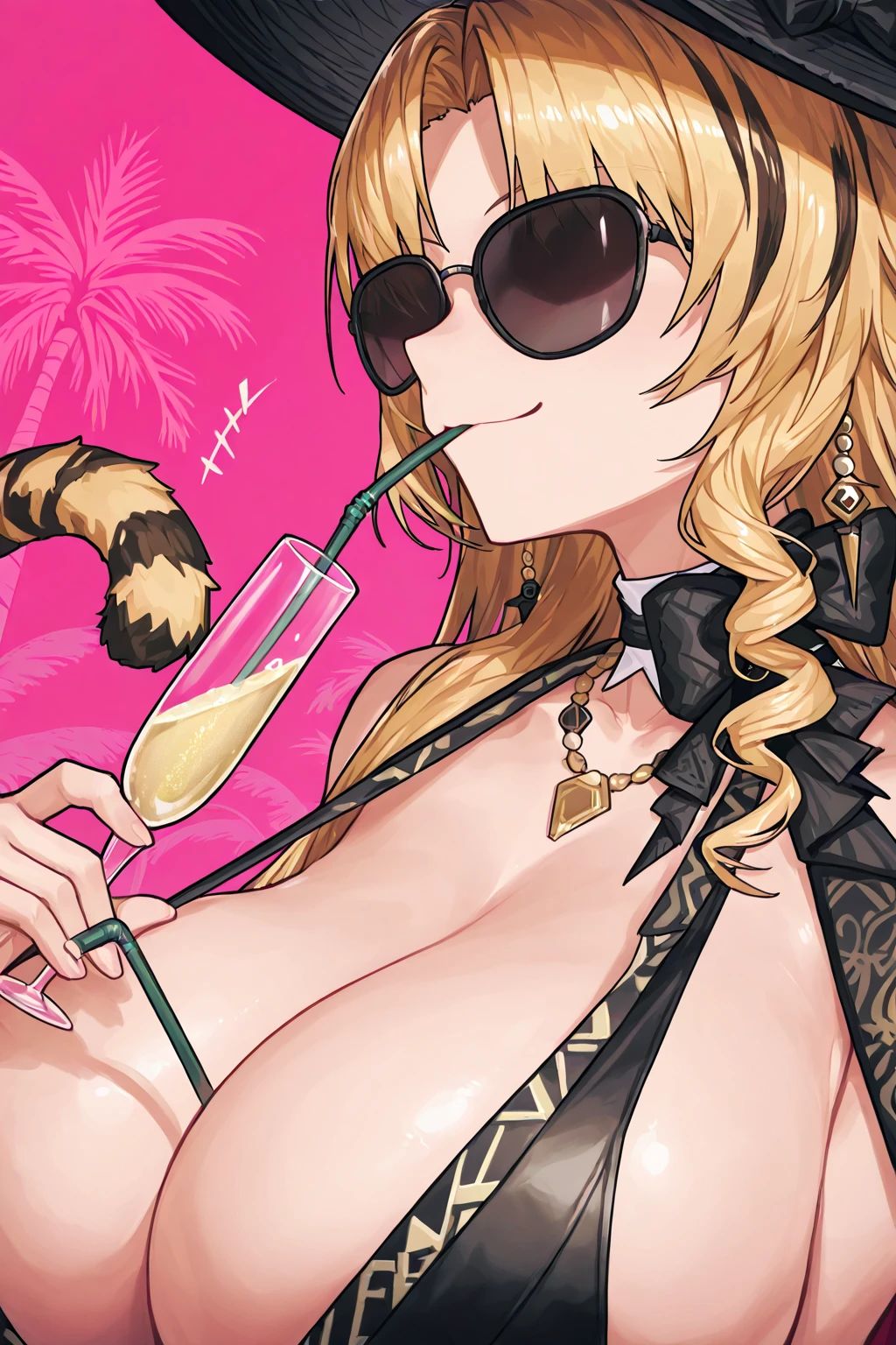 1girl, large breasts, wide hips, thick thighs, dark-skinned female, dark skin, white hair, yellow eyes, tiger print, tiger ears, highleg, highleg bikini, micro bikini, tiger tail, smile, smirk, smug, bar, cocktail glass, thighhighs