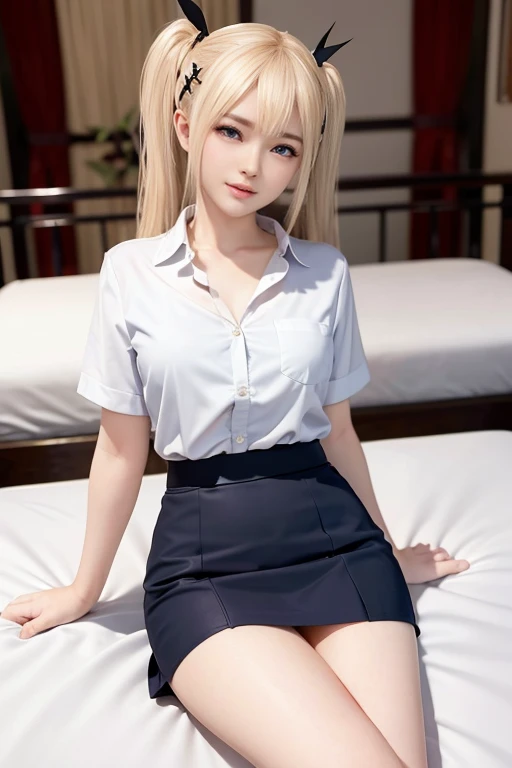 1girl, (ojos azules), (They are smiling :1.1), (En nombre de Minaj), caderas anchas, tetas grandes, grande, Trasero redondo, (La mejor calidad, 8k, Obra maestra: 1.3), Manos perfectas, Enfoque claro: 1.2, Belleza corporal perfecta: 1.4 , abdominales delgados: 1.2, Highly Detailed Face and Skin Texture, ojos detallados, 双眼皮, (cabello largo rubio con flequillo :1.3), (camisa de vestir blanca y minifalda negra plisada :1.3), En pie, dynamic pose, (in a pink room decorated with teddy bears :1.2), Cama en el fondo