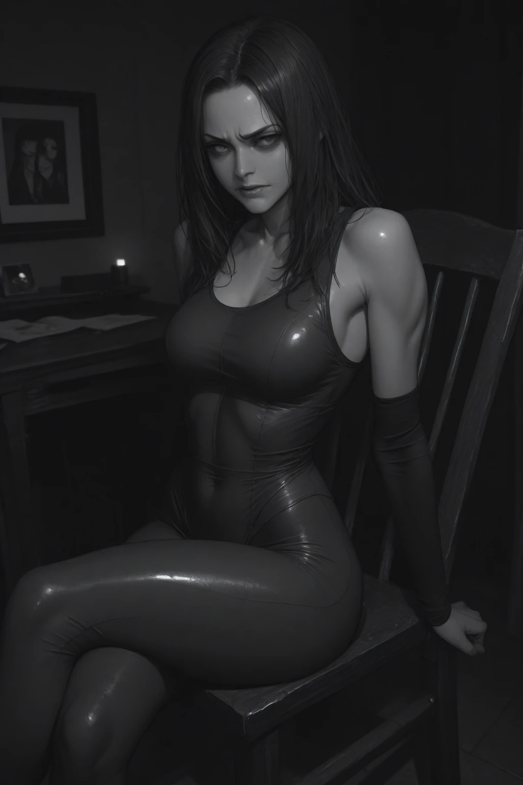 Violet Parr, vagina:1.3, location is superhero lair, long black hair, , slim, ass, view from front, view from below, red and black outfit, black thigh high boots, shiny, bare breasts:1.4, glamour makeup, retro futuristic, 1950 style, sci-fi, visible breasts, visible nipples:1.4, she is almost naked, ultra detailed, perfect face, perfect skin texture, depth of colour to her eyes, dynamic lighting, volumetric lighting, 8k, visible vagina:1.5