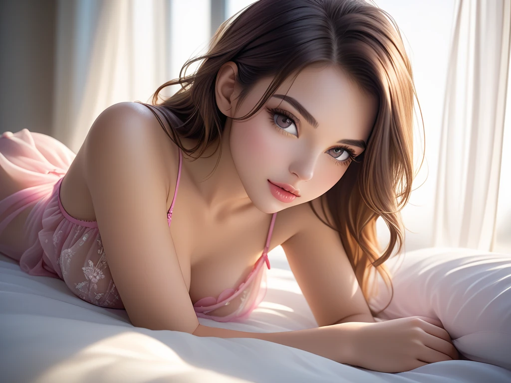high quality fingers, normal hands, detailed fingers,masterpiece, (realistic, photo-realistic:1.37), (22 years old woman in a bikini sitting on bed), medium breast, small waist, beautiful face, perfect illumination, beautiful detailed eyes,looking down at viewering, stunningly beautiful woman, detailed hairstyle, detailed background, wet