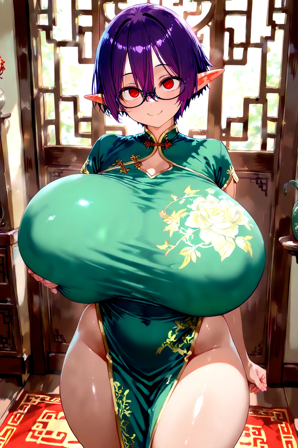 score_9, score_8_up, score_7_up, score_6_up, score_5_up, score_4_up, masterpiece, high quality, full body, 1girl, <lora:ButtrCup:0.9> ButtrCup, black hair 1girl, black hair, short hair, , green outfit,  <lora:After_Paizuri_PDXL_V1:0.91> huge breasts, nipples,