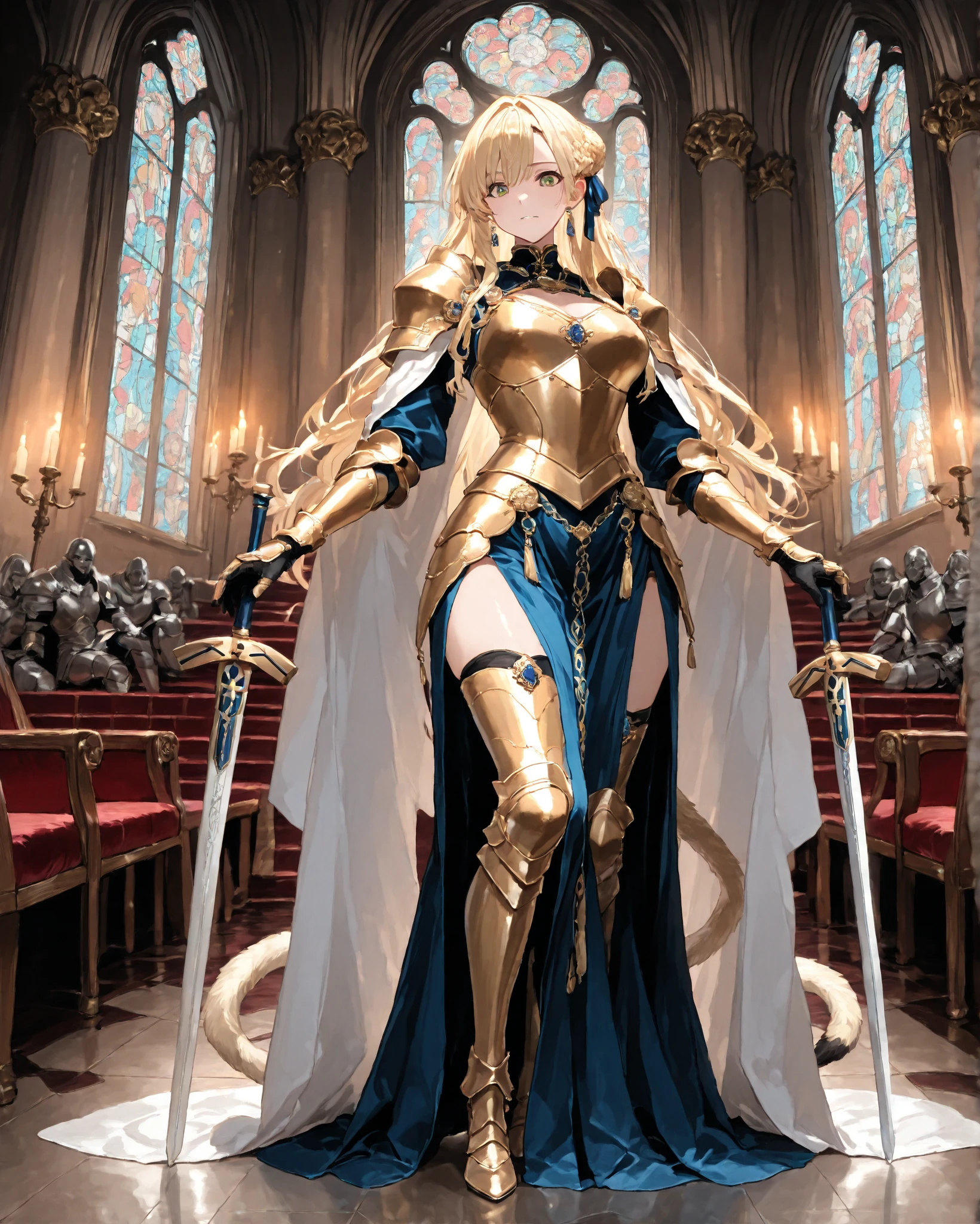 Blonde adult woman，Golden Crown，large cape，white armor，blue skirt，Thin legs，iron boots，Standing，spear，palace，castle