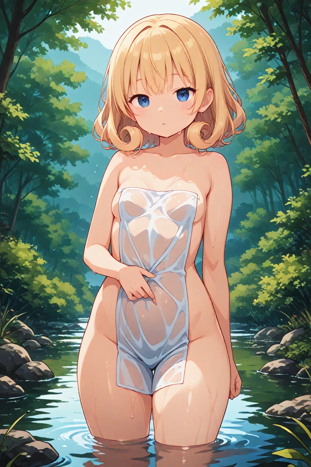 (Obra Prima), (Max Quality), (Ultra Detail), (Best Anatomy), Official Art, One Girl, Light-Colored Hair Loli, Petite Girl, Saint, See-Through Robe, Small Breasts, Cleavage, Off Shoulder, Underboob, Side Boob, Thigh Focus, Navel Bared, Low Angle, Wet and See-through, Deep Forest Fountain