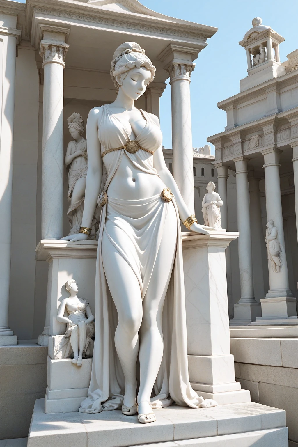 ((only one)) , (1girl) , alone , Muscular anime Girl (1girl) , wheyfu girl (1girl) , as a white stone marble figure (only one) , female statue (only one) , an ancient roman statue (only one) , upright