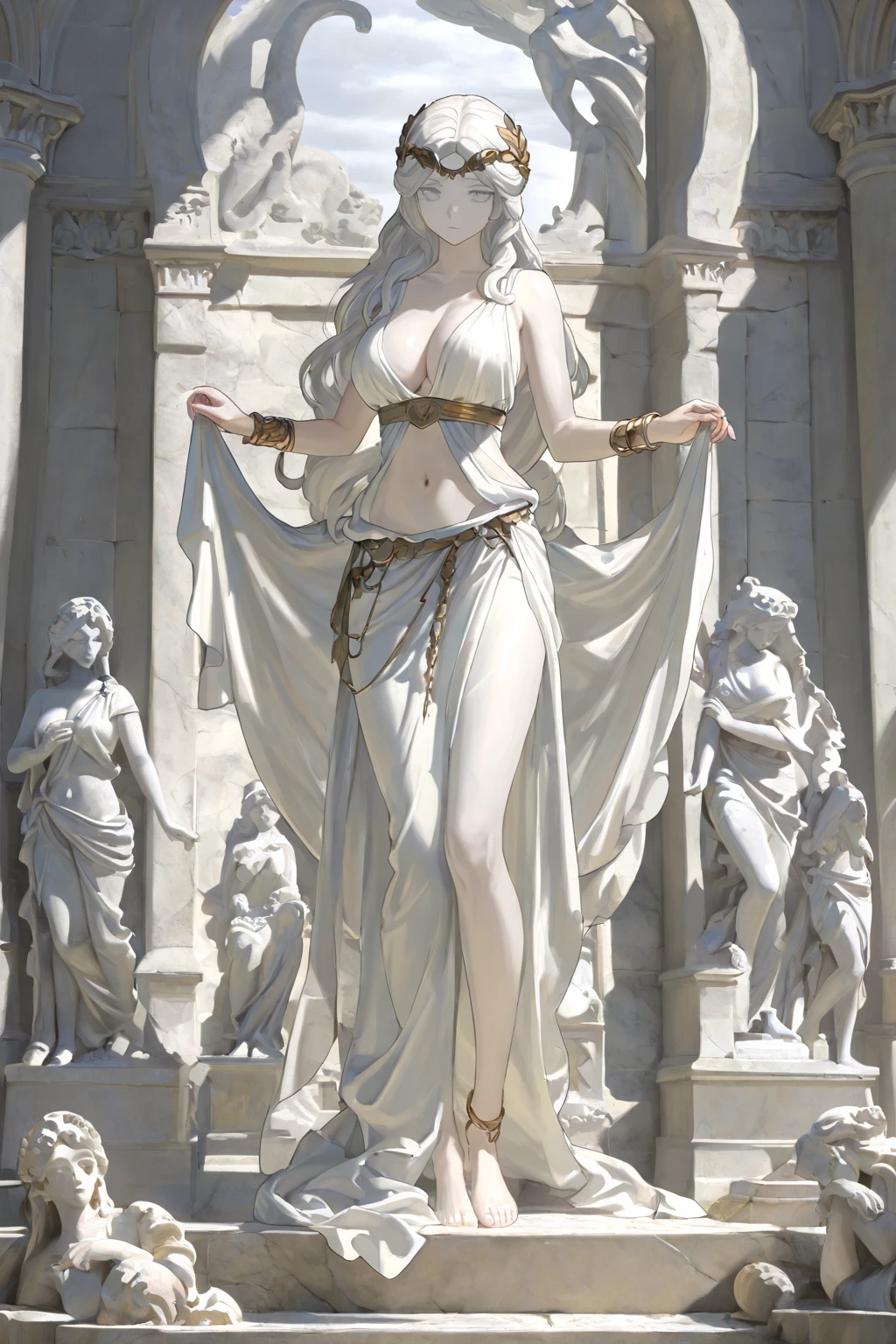 maiden marble statue, monochrome statue, detailed face, detailed eyes, long eyelashes, long hair, delicate hair, masterpiece, very delicate, very detailed, Artistic, Sculptural works, Spotlight, Light bulb color, Enhance contrast, highest quality, best image quality