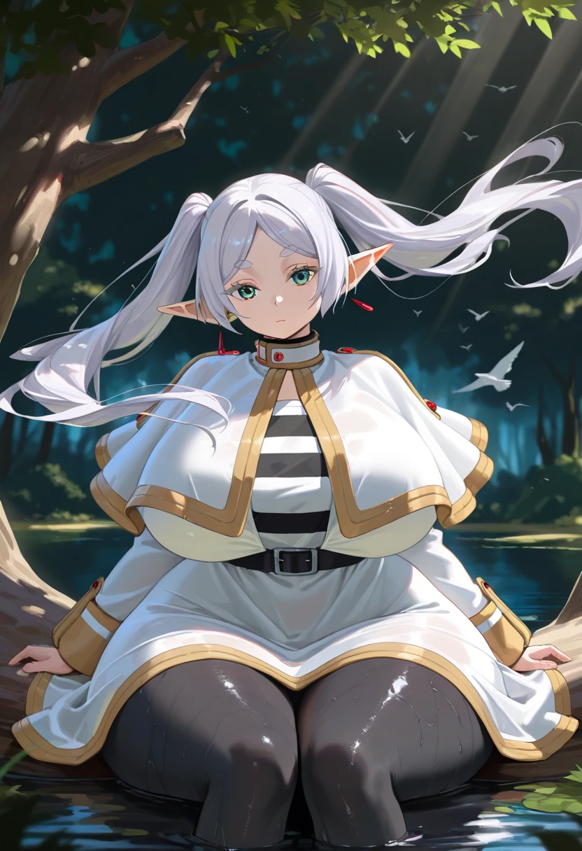 Dark color depiction、(masterpiece, highest quality:1.2), alone, One girl, umpd gold ship, pillbox hat,White Dress,No sleeve, White Pantyhose, White gloves、boots, Horse tail,、grassland、Nature、blush、Embarrassed、running、summer、Leg spread、Spread your legs、sit、(Huge breasts:1.4)、Nipples are visible、Clothes are see-through、Pantyhose bite、See-through pantyhose、See-through pussy、Overflowing large amount of love juice、Thick