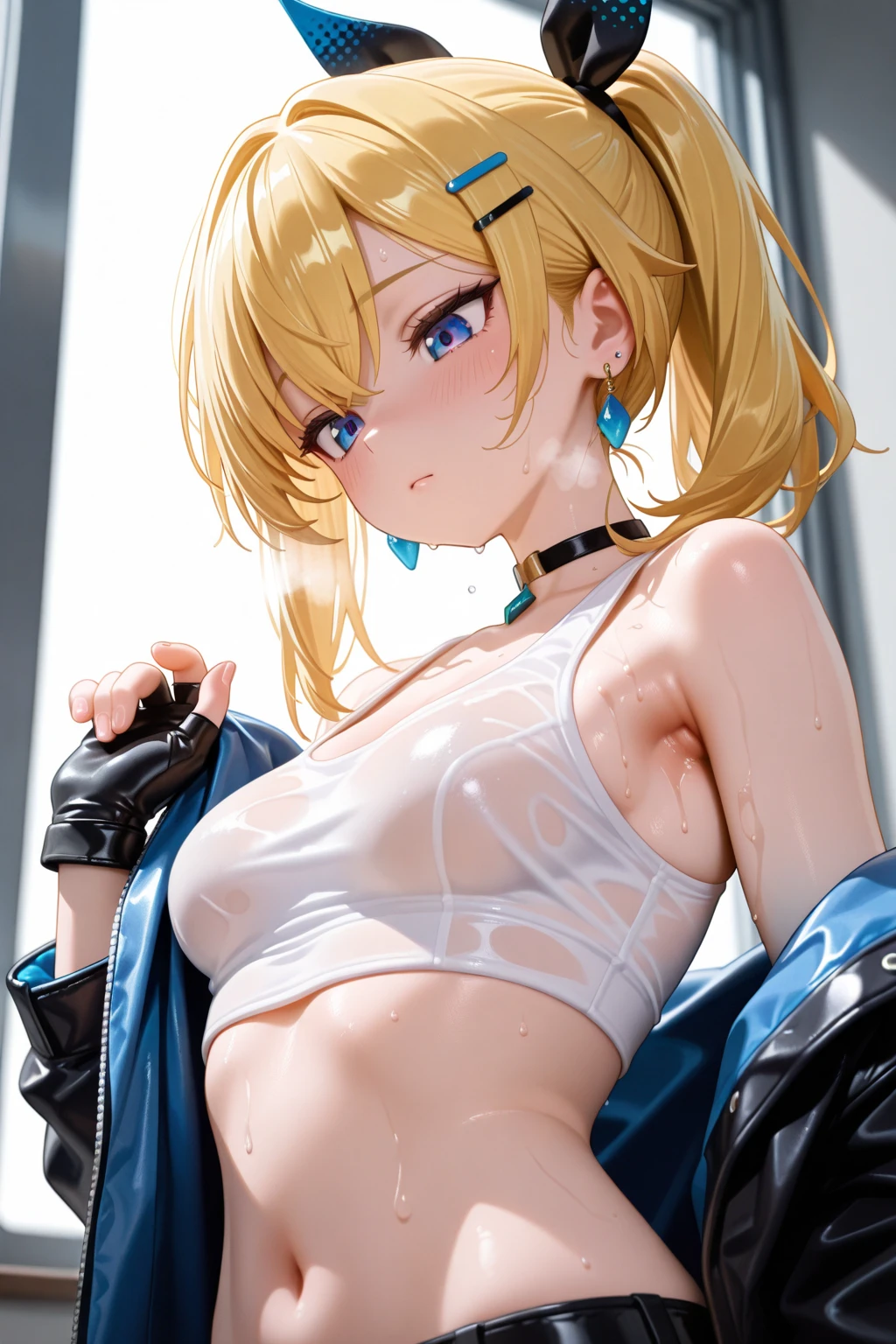 masterpiece, best quality,anime style, 1 girl,(((slender body))), (((small breast))),(((Jacket, Open your clothes, Open jacket, Blue jacket, ground vehicle, Sports Bra, bicycle,buruma))),(((((brown penis tentacles bound the girl))))), ((((restrained, arms behind back)))),((((cum)))), (beautiful face), (((short hair))), (((straight hair))), ((((blonde hair)))),detailed beautiful skin, (perfect hands, perfect anatomy)
