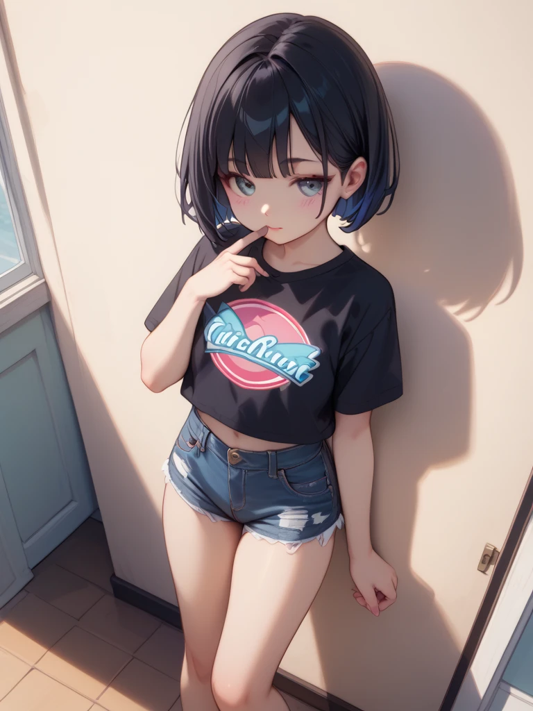 Black Hair、black eye、girl、short hair、girl、Medium sized breasts、Lolita、Embarrassed look、Looks about 18 years old、目のhighlight、Sexy thighs、Short T-shirt、Black lace bikini panties、Your eyes are so beautiful、highlight、crouch on the ground、Open leg pose、Spread your legs、on the road、intersection