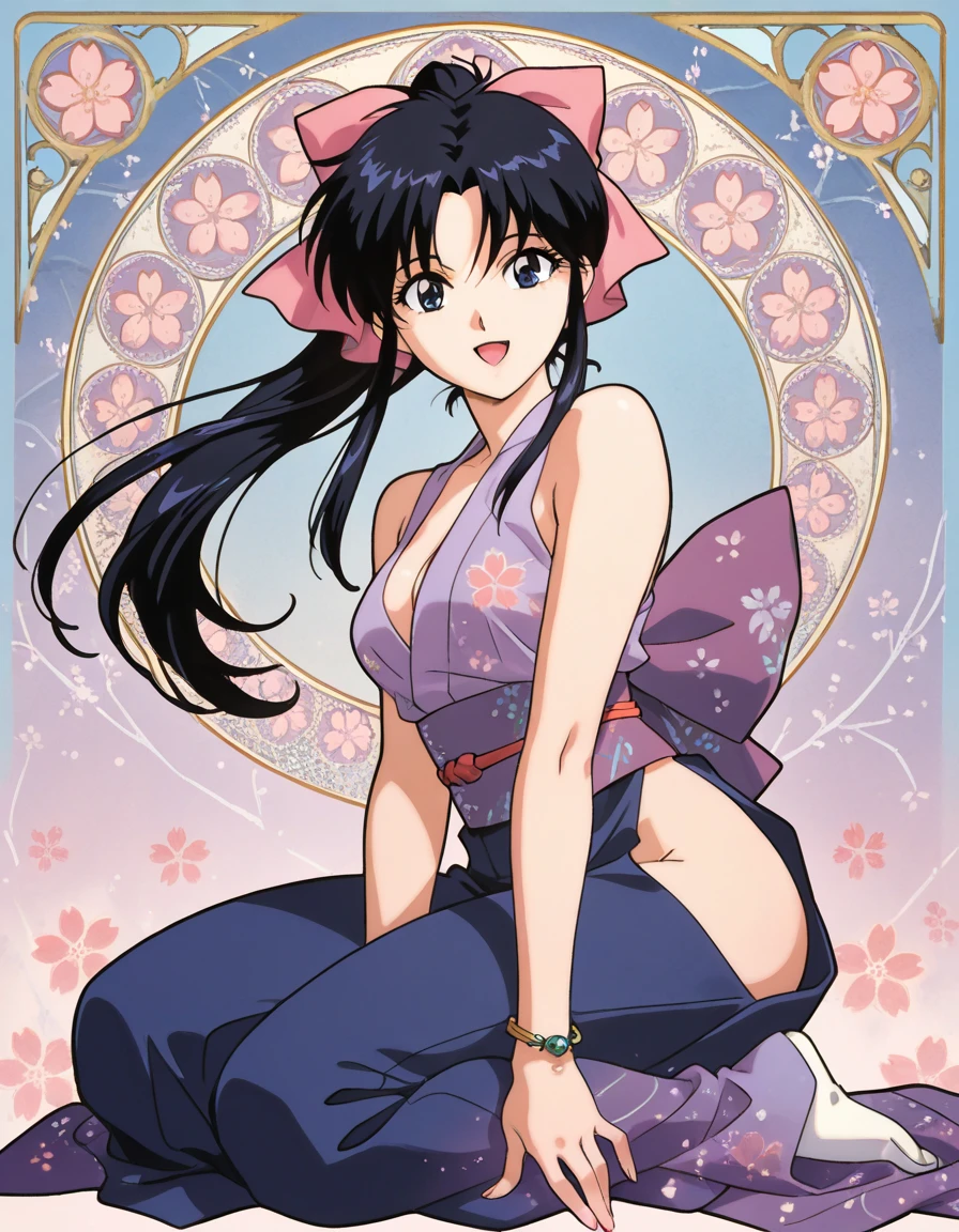 1girl, solo, hair ornament, breasts, hair flower, nail polish, japanese clothes, flower, large breasts, simple background, black hair, bare shoulders, hair stick, legs, sandals, side slit, covered nipples, brown hair, white background, kimono, full body, short hair, brown eyes, traditional media, masterpiece, best quality,