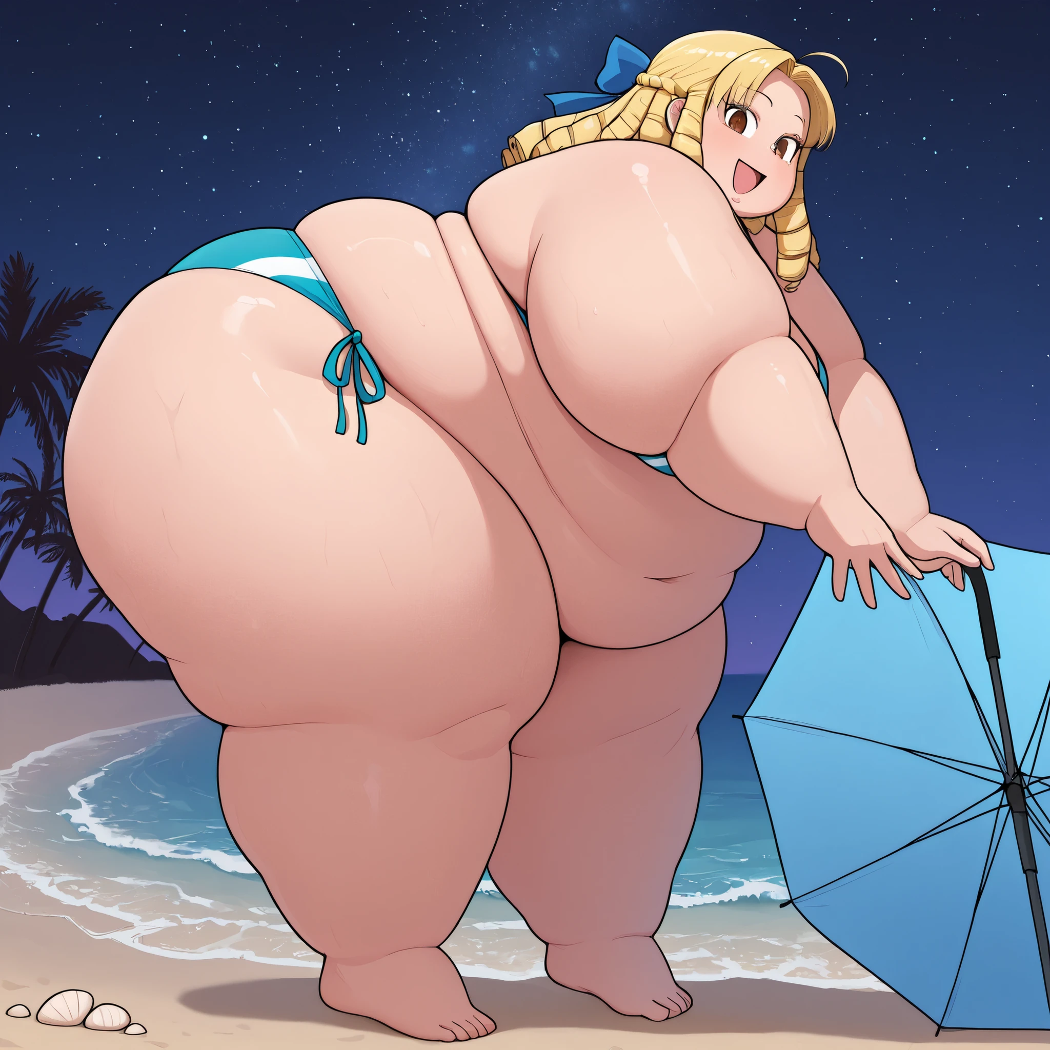 (masterpiece, best quality, highres, realistic:1.3), young woman, Samus Aran, 1 girl, (((bimbo))), perfect face, perfect eyes, looking at viewer, ponytail, blonde hair,, extremely obese, (obese belly):1.7, (obese legs):1.5, fat rolls, SSBBW Adeline body, (colossal ass), (fat ass), (cellulite:1.2), (fat legs), bottom heavy, thick thighs, huge breasts. thick, curvy, chubby, dangerous expression, sultry expression, wide hips, thick thighs, enormous round breast, huge ass, erotic kiss face,large eyes, blue micro bikini, thong, dynamic pose, white sand beach, (masterpiece, best quality, highres:1.3), (realistic:1.1), young woman, (gigantic breasts: 1.4), (gigantic ass:1.4), (massive thighs:1.2), (thin waist:1.2), breast expansion, (beautiful, detailed face:1.2), small smile, curvy body, plump body, huge big ass, thick body, curvy body type, voluptuous body type, busty body type, thick body type, big chest, big, ((Water is coming out of her navel, she is also ejecting water from her nipples, she expels a lot of water, and she has a painful face due to the large amount of water she is ejecting from her nipples and navel)), (Huge breasts that are about to burst、Giga Breast、saggy breasts)), Chubby, fat, giant belly, ((peace sighn with hands)), (biting lip), ((belly bigger than body)), obese, SFW, ((enourmus wide hips)), ((sexy black microbikini)) , (fetal movement:1)