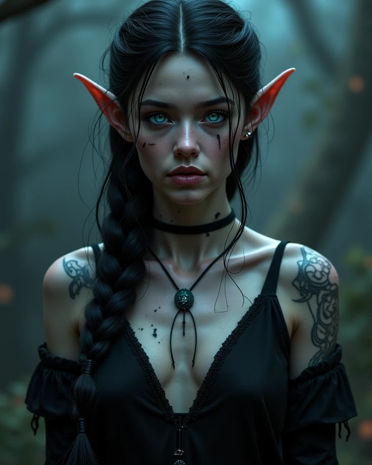 Woman, blue colored eyes, Bblack hair, very long hair, teeths, tusk, best qualityer, pale white skin.high resolution, slickedback hair, breastsout, Half moon earrings, cloused mouth, eyes open, eye white, flickering eyes, pale, apocalypto, Surrealism, 真实感, apocalypse outfit