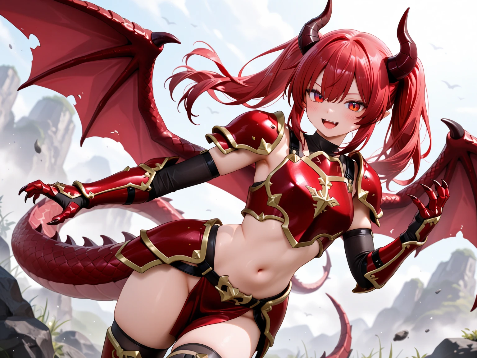 long red hair, goddess,Abdominal muscles,red dragon horn,red dragon wings,The body has red dragon scales,Bare Legs,thong,,Volcanic lava