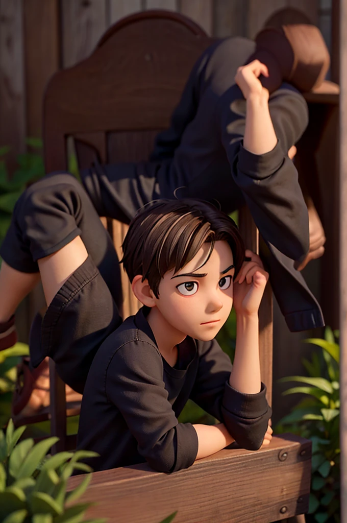 High quality realistic Anime style, high definition high quality realistic, shaded, photorealism, Ray tracing, 8k, uhd, masterpiece, small male ??? (around 9yo) alone, young small body, peasent medieval clothes white shirt with belts and brown leather pants, dirty clothes, black hair, distinguish and strong colored yellow eyes, sitting holding his ones, with cold, strong rain, dark mood, strong tempest, serious and lost expression. Stone cave with Crystals surrounded by shadows, glowing crystals, bonfire