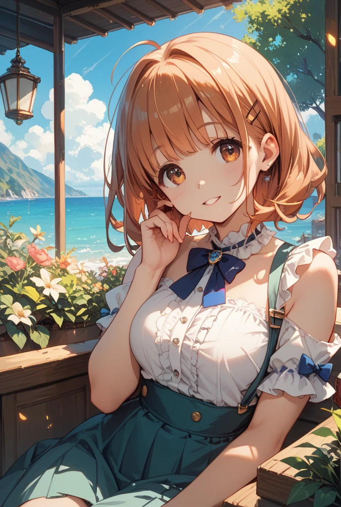 cute、Princess、young、Green Eyes、Brown Hair、Medium Hairstyles、Straw hat、Big ribbon、cute、Being spoiled、smile、Be happy、Red cheeks、Idol、uniform、Cleavage Emphasis、Shoulder Bare、Show Bra、maid、Small breasts、Embarrassed、juice、lover、Earrings、necklace、ring、sunflower