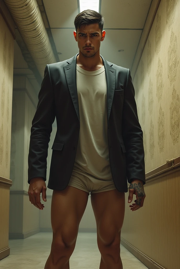 A feminine cheap trashy street gay male prostitute at a classy high end expensive hotel (how did this whore get in?) He wears a small, sexy, shinny pink men's thong which has only thin pink strings to hold it around his waist. BIG BULGE. WEARS PINK HIGHTOP BASKETBALL SHOES.