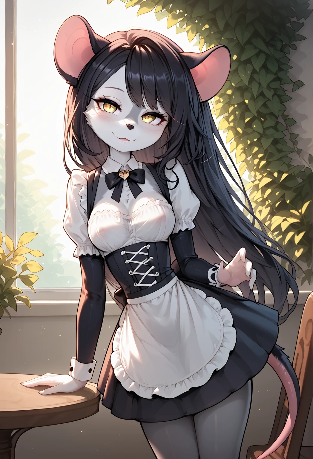 uploaded on e621, by Bayard Wu, by Thomas Benjamin Kennington, by Einshelm, ((solo anthro, small girl, tiny body)), female goat, ((Portrait)), ((Wear a maid uniform)), maid, maid uniform, frenchmaid, french, (White and black Underwear), (lacy black thighhighs), glasses, (detailed Bonifasko lighting), (Detailed fur), (detailed skin), (Cinematic lighting), ((Detailed background, vip hotel hall, modern style)), (half body shadow), [ambient light on the belly], [explict content], [sharp-focus], (shaded), ((Masterpiece), golden goat eyes, (long hair, hairbun), (dark hair), Average Breasts, pectoral muscles, Fluffy goat grey skin, white curly wool, two-toned fur, (fluffy fur), fluffy tights, fluffy chest, furry fantasy art, anthro art, commission for high res, Furry art, pov furry art, Sakimichan is beautiful, Masterpiece, Best Quality, Detailed image, Dark colors, Detailed Face, perfect  lighting, Perfect shadows, Perfect eyes, focus on girl, gorgeous body, Hourglass body, feet focus (hooves in tights), Fluffy, fluffy girl, Body fur, goat muzzle, Playful look, half closed eyes, 1girl, full body, Detailed fur, Balanced coloring, ((Long mane, pony tail)), Furry, anthro, (attractive body), looking at viewer, seductive gaze, seductive posing, perfect legs, (offering service), sits, seductive legs, legs offering