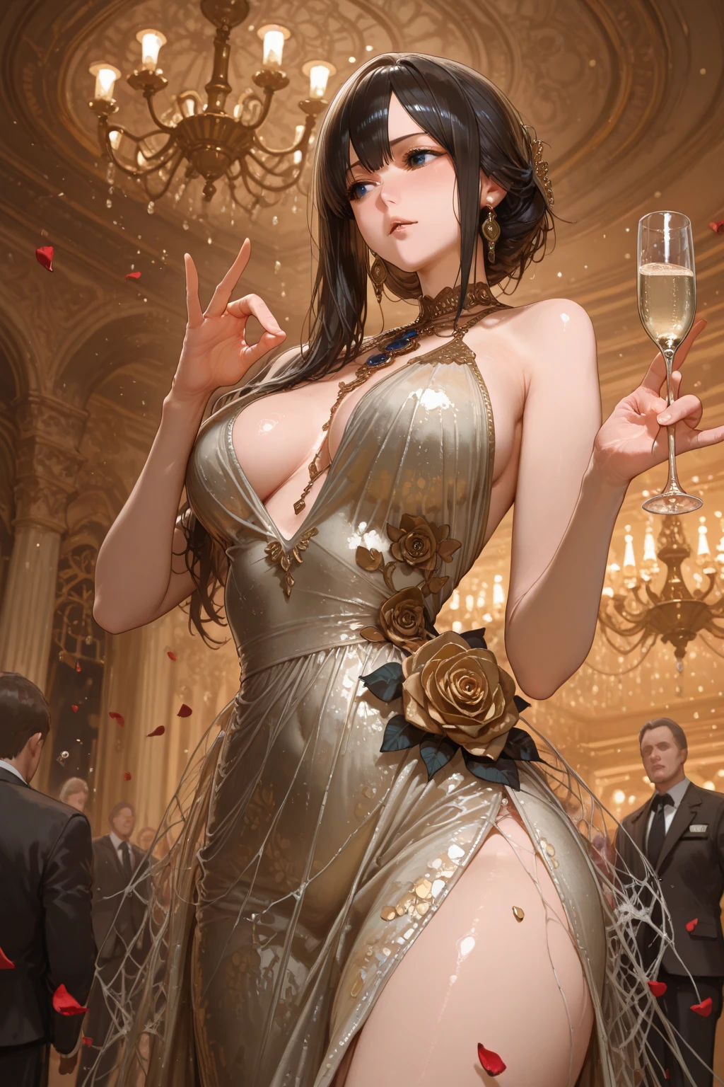 24-year-old woman、Sexy proportions、Sexy、sexy dress、Too much exposed skin、Narrow waist、Braided ponytail((braided ponytail))、courtesan、High-end cabaret、holding champagne glasses、Champagne tower background
