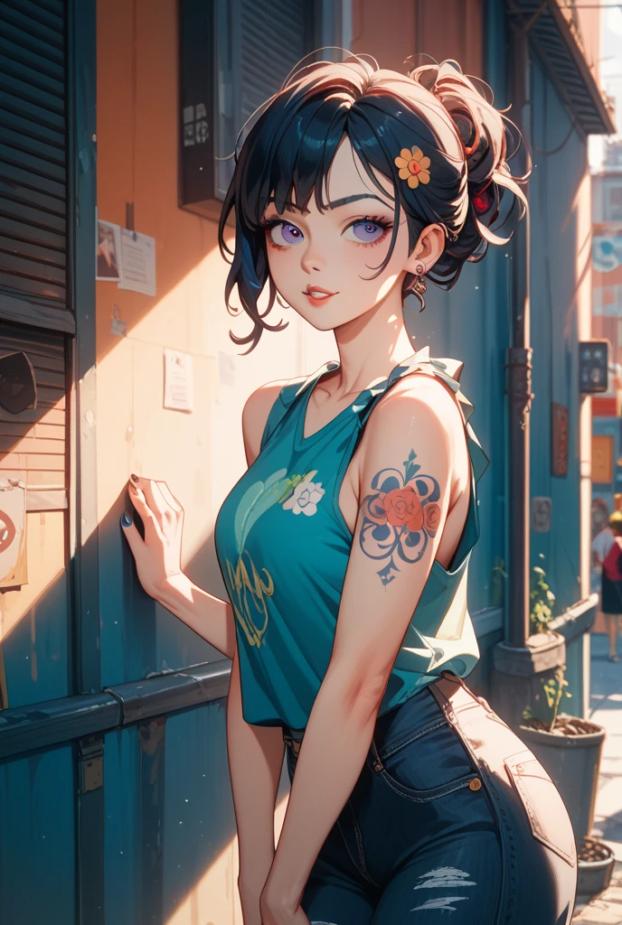 masterpiece, beautiful, 4k, detailed, intricate details, , shota, overalls, jean overalls, cuffed overall, long ponytail turquoise hair, ((??turquoise hair)), (((red eyes)), smile, slight smile, 1boy, young delicate prince, shirtless, overalls over skin, bare shoulders, bare sleeves, bare arms, facing forward, side cut, torso shown, leaning forward, flat chest,(nsfw:0.55), ((flat chested, flat stomach, baby face)), (intense colors)