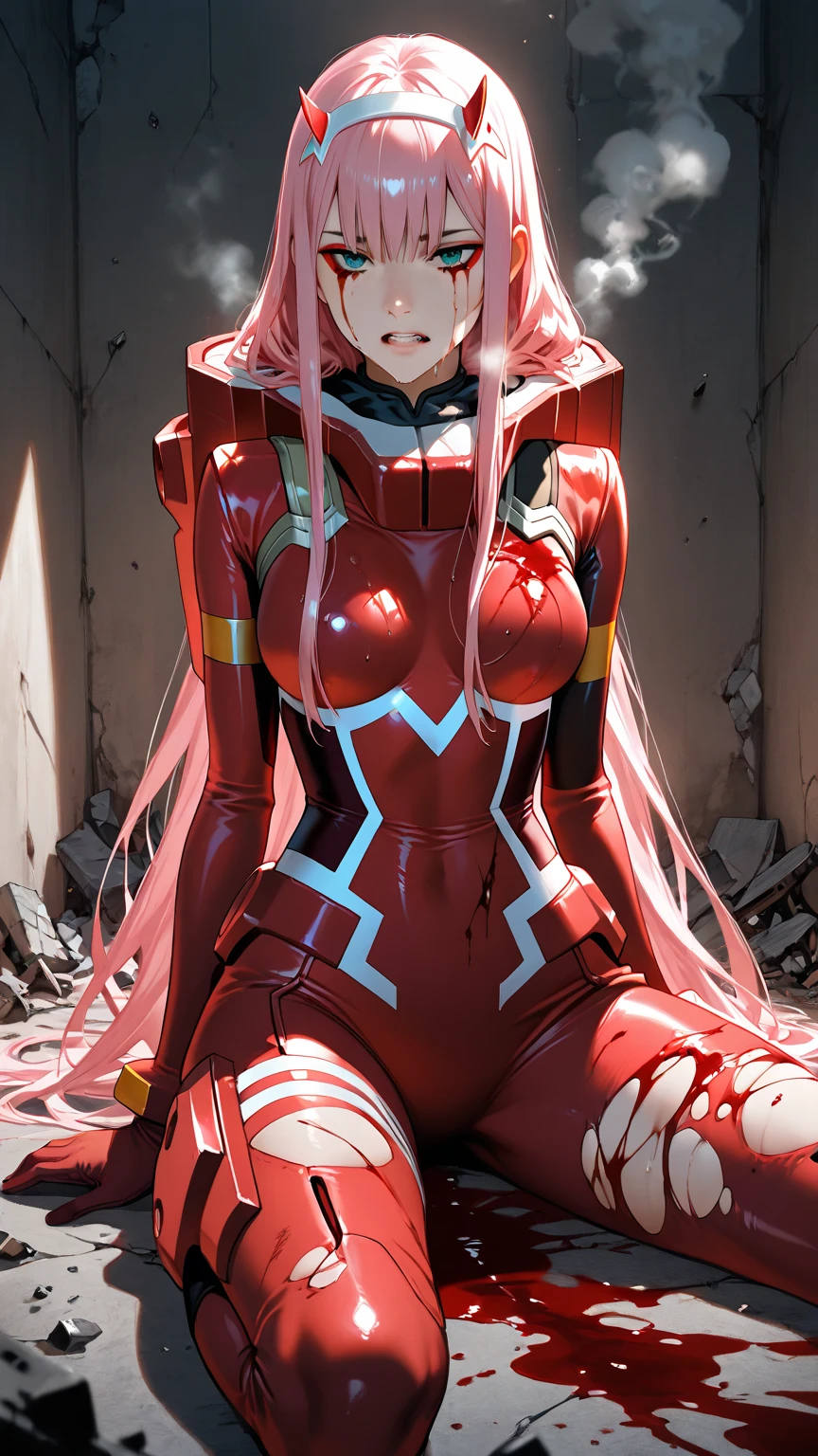((Full body photo, standing, on the floor)) Masterpiece, top quality, best quality, official art, beautiful and aesthetic, anime, 1girl, Zero Two, extremely detailed, colorful, more detailed ((ultra-detailed)), (highly detailed CG illustration), solo, pink hair, pair of horns, verd s eyes, long hair, (focus on character), pilot outfit, red bodysuit with white details, science fiction, blood