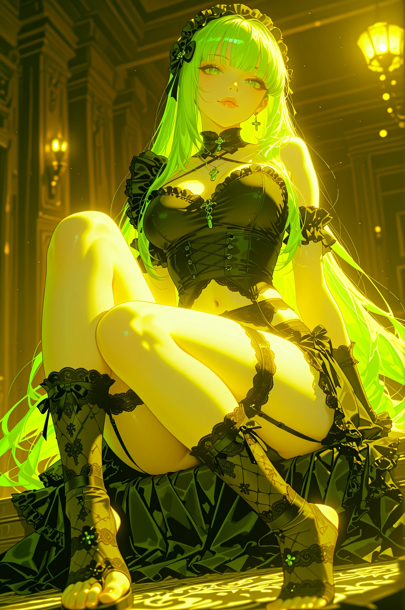 (((Light Skin Woman))),(((Light green, long hair without bangs))),(((voluminous and curvy body))),(((Lime green eyes))),(((Alone))),(((Wearing black lace lingerie)))