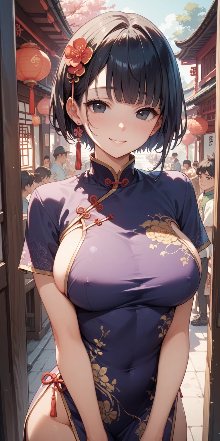 (yamaori_style), 1girl, chinese bun black short hair,bun cover,china dress, long dress,tight mini skirt, gold decoration dress, sleeveless, cleavage cutout, clothing cutout outside, on streets, crowd, city, 