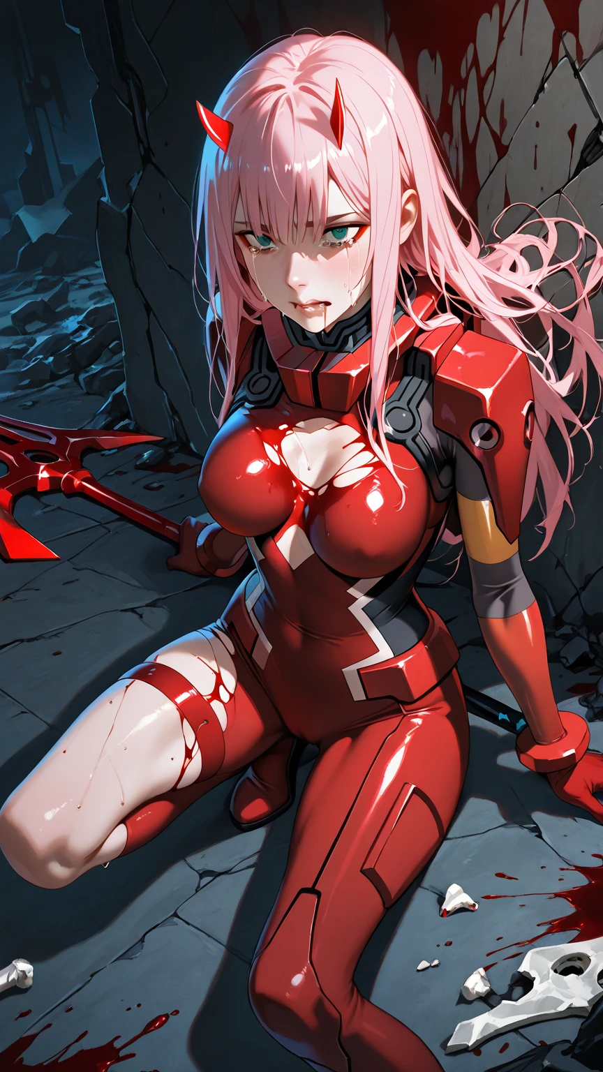 Masterpiece, top quality, best quality, official art, beautiful and aesthetic, anime, 1girl, Zero Two, extremely detailed, colorful, more detailed ((ultra-detailed)), (highly detailed CG illustration), solo, pink hair, pair of horns, verd s eyes, long hair, (focus on character), pilot outfit, red bodysuit with white details, science fiction, blood