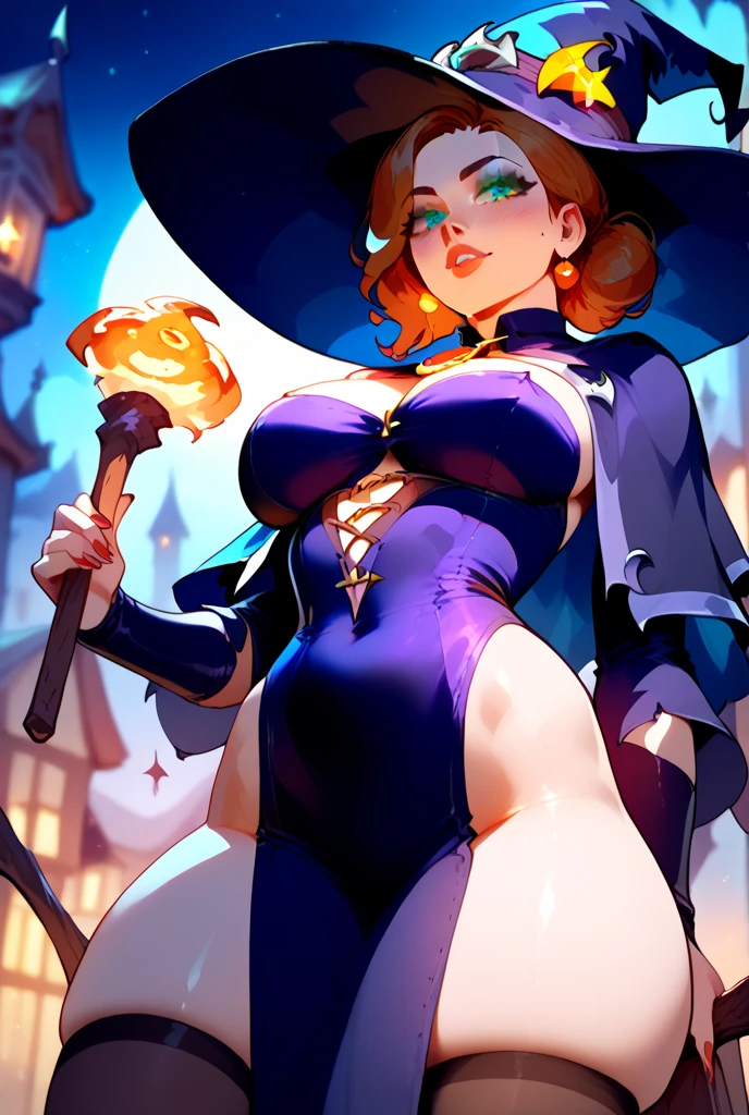 Trading card, Witch, sexy dress, sexy pose, big breasts, big ass, bob haircut, smile, redhead
