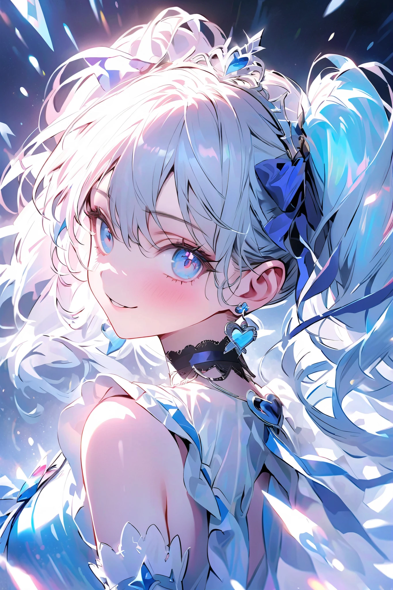 (masterpiece, highest quality), (very beautiful), soft lighting, pastel color scheme, schneider pastel ink style, fluffy and gentle atmosphere, faint and blurry outline, subtle glow, sparkling glitter effects, starr motif

young teen girl, magical girl, porcelain skin, flawless skin, proud smile,

(detailed face), (clear blue eyes), long eyelashes, (icy silver hair:1.2), bluish tint, shimmering cool highlights, twin tails,

silver tiara with blue gemstone, deep blue ribbon, black frill choker, large dangling earrings,

soft blue lighting,

white frills dress with blue accents, sleeveless, puffy skirt, tiered frills, tulle, sweet magical girl uniform, bare shoulders, soft texture:1.2, perfect detail, subtle glowing aura, the colour is noticeably brighter