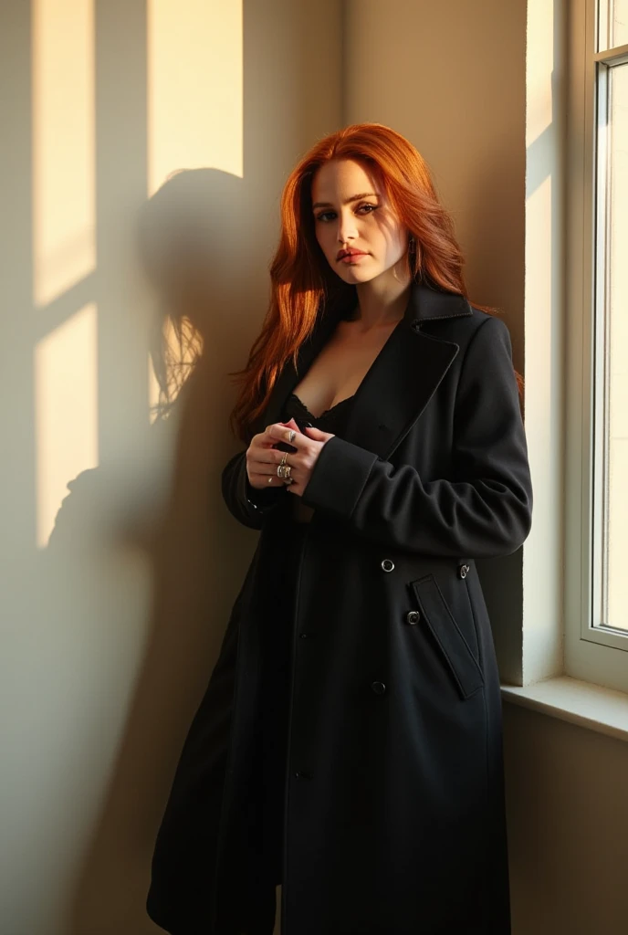 photography of Madelaine Petsch, full body shot, long ginger hair, posing sexy in museum (Louvre) with an art canvas Monet on the wall, wearing beige winter coat, the dominant colors are grey, white, and black, with the accent color being a deep brown, minimalistic light room, fit legs, enjoying, girls, summer, hot girls, (((very heavy bust))), ginger hair, long_hair, symmetrical face, pale skin, light freckles, photorealistic, photography, gorgeous, cleavage, western, (masterpice), best quality, high resolution, spectacular lighting, extremely detailed, skin with pores, blurred background, depth of field, cinematic lighting, smiling, model body, beautiful model body