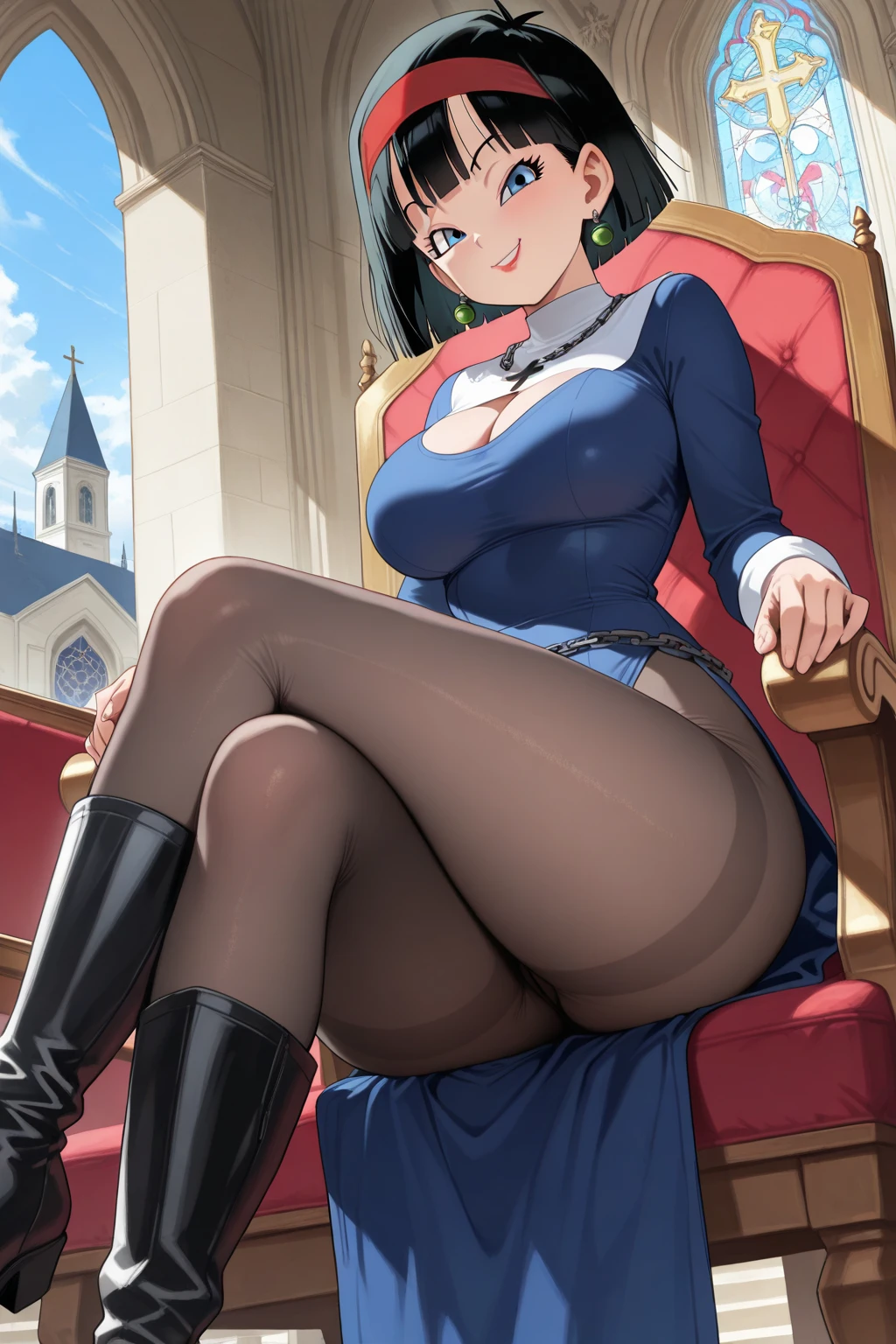 Woman stomping her foot, footstomp, curvy, busty, evil smirk, dominant stare, thick thighs