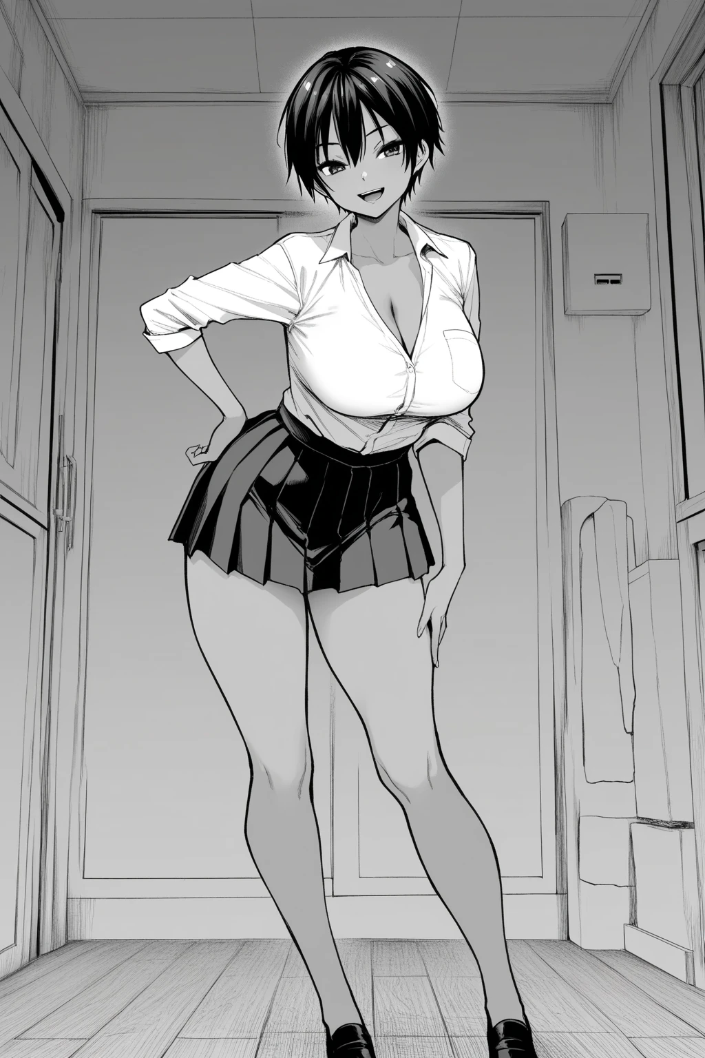 masterpiece, 1girl, solo,  pov, ayase fuuka, sexy lingerie,  front view, bust shot, walking, happy, spread legs,
cowboy shot,, smile,  greyscale, monochrome, halftone, drawing, manga, otoyomegatari,
face focus,  class room,