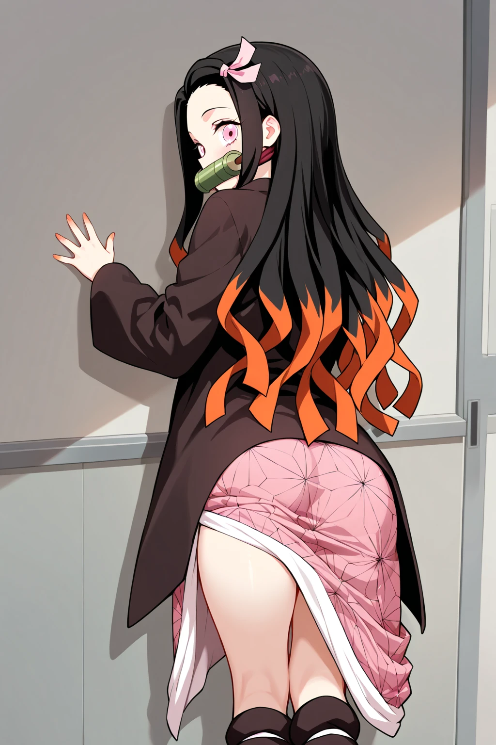 a girl, nezuko kamado, demon slayer, Kimetsu no Yaiba, nezuko kamado, naked, Unclothed, new, sexly, delicious, standing backwards, showing the ass, with your hand stuck in your anus, hand completely stuck in the anus, expression of pleasure, Rolling your eyes upward,