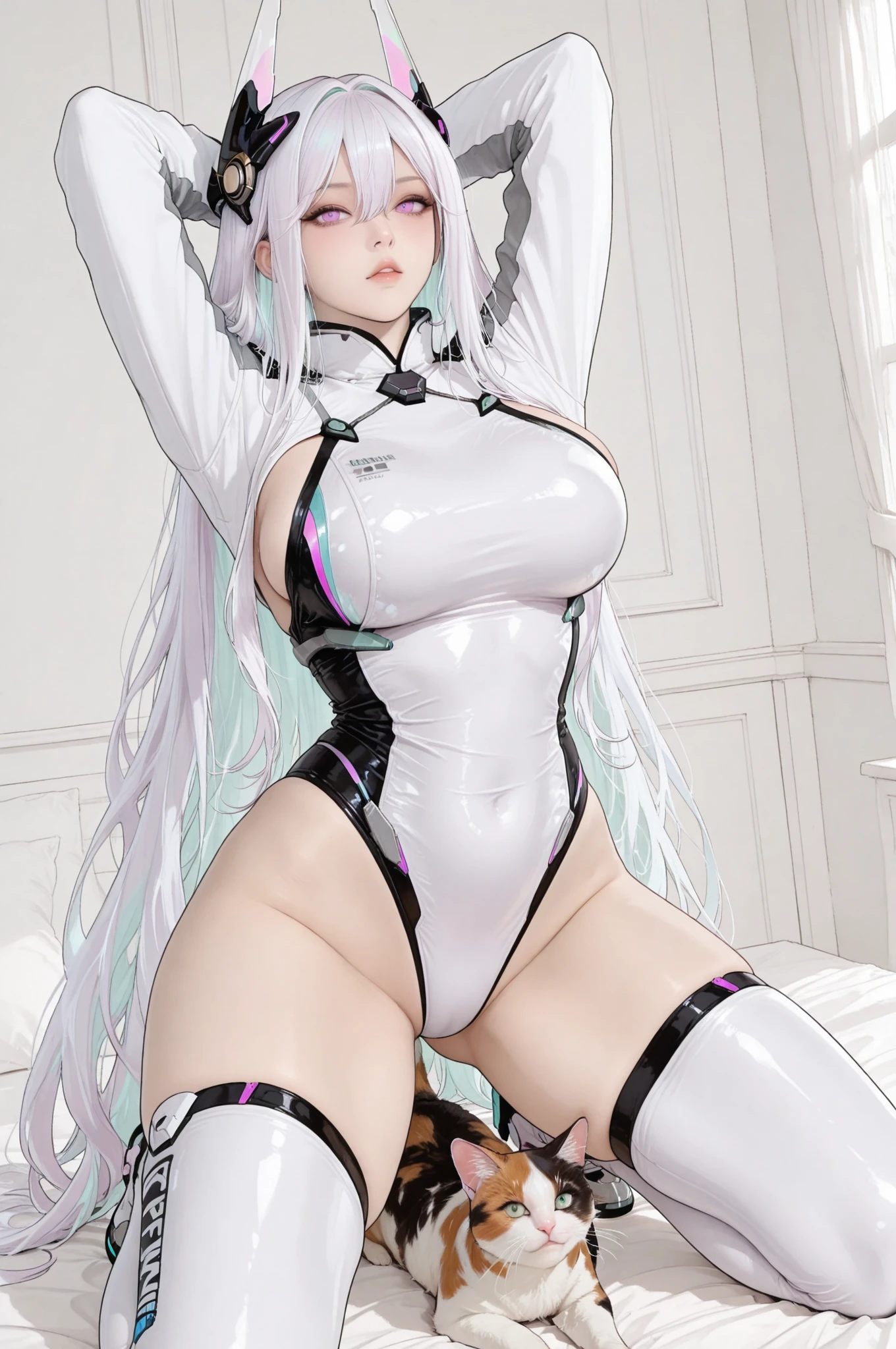 optimum,tmasterpiece,A high resolution,best qualtiy,hyper HD,super detailing,Award-Awarded,16k,独奏,(The upper part of the body),anatomy correct,Beautiful cyberpunk girl,cute face,,Gradient Beige Hair,Hairline,((Scarlet eyes)),long eyelasher,Hanging eye corners,White skin of the,(small boobs),(Slim body),((Women's extra short shawl leather jacket)),((racing_suit)),ear studs,(neck rings),(Laser material clothing:1.2)