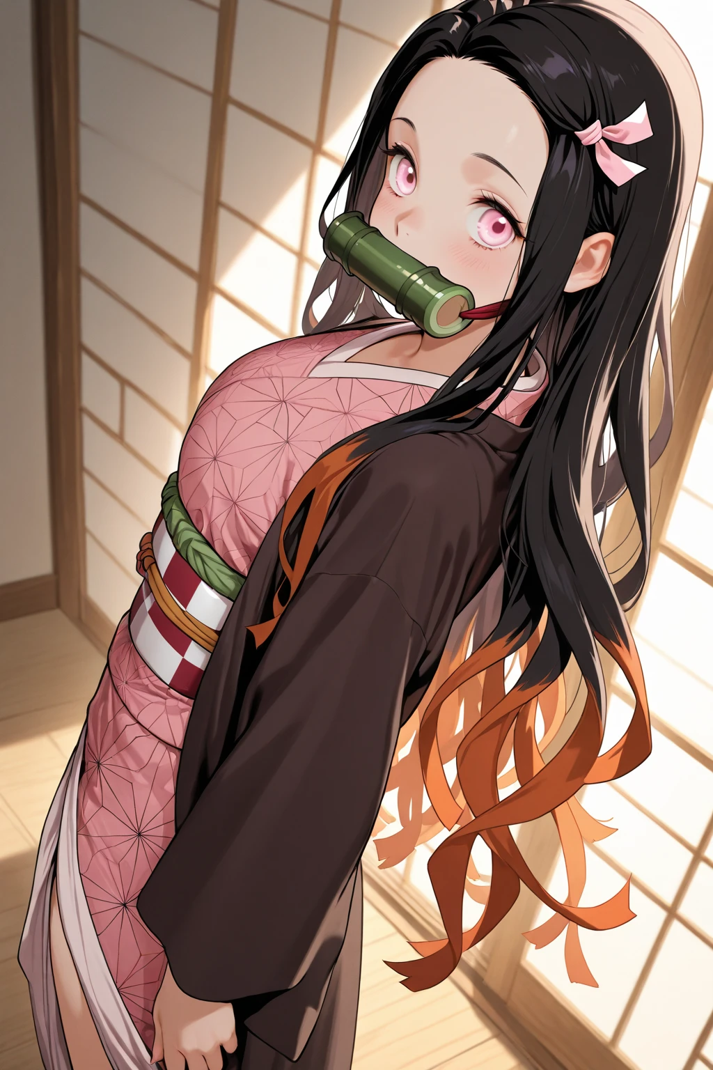 nezukokamado, <lora:nezukokamadotest:1>,
nezuko kamado, bamboo, (bit gag:1.5), black hair, (forehead:1.5), gag, gagged, hair ribbon, long hair, multicolored hair, (pink eyes:1.5), orange hair, slit pupils, wavy hair, two-tone hair,
BREAK asa no ha (pattern), checkered sash, haori, japanese clothes, kimono, long sleeves, obi, pink kimono, sash, wariza, wide sleeves,
BREAK looking at viewer,
BREAK indoors,
BREAK <lora:GoodHands-vanilla:1>, (masterpiece:1.2), best quality, high resolution, unity 8k wallpaper, (illustration:0.8), (beautiful detailed eyes:1.6), extremely detailed face, perfect lighting, extremely detailed CG, (perfect hands, perfect anatomy),