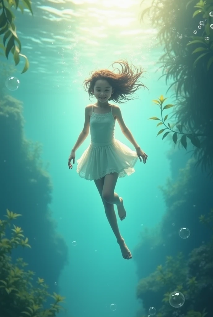 (8K TopQuality masterpiece: 1.2)(Realistic ProfessionalPhoto:1.37), VolumetricLighting. Tiny Girls, girl jumping into the water、Falling、splash water、shout、Luminous water surface、White and Bright colors, back lighting, Radiant PearlSkin, sparkling highlights, Detailed KAWAII face with cute lips, long eyelashes, Delicate clothes, Detailed open crotch