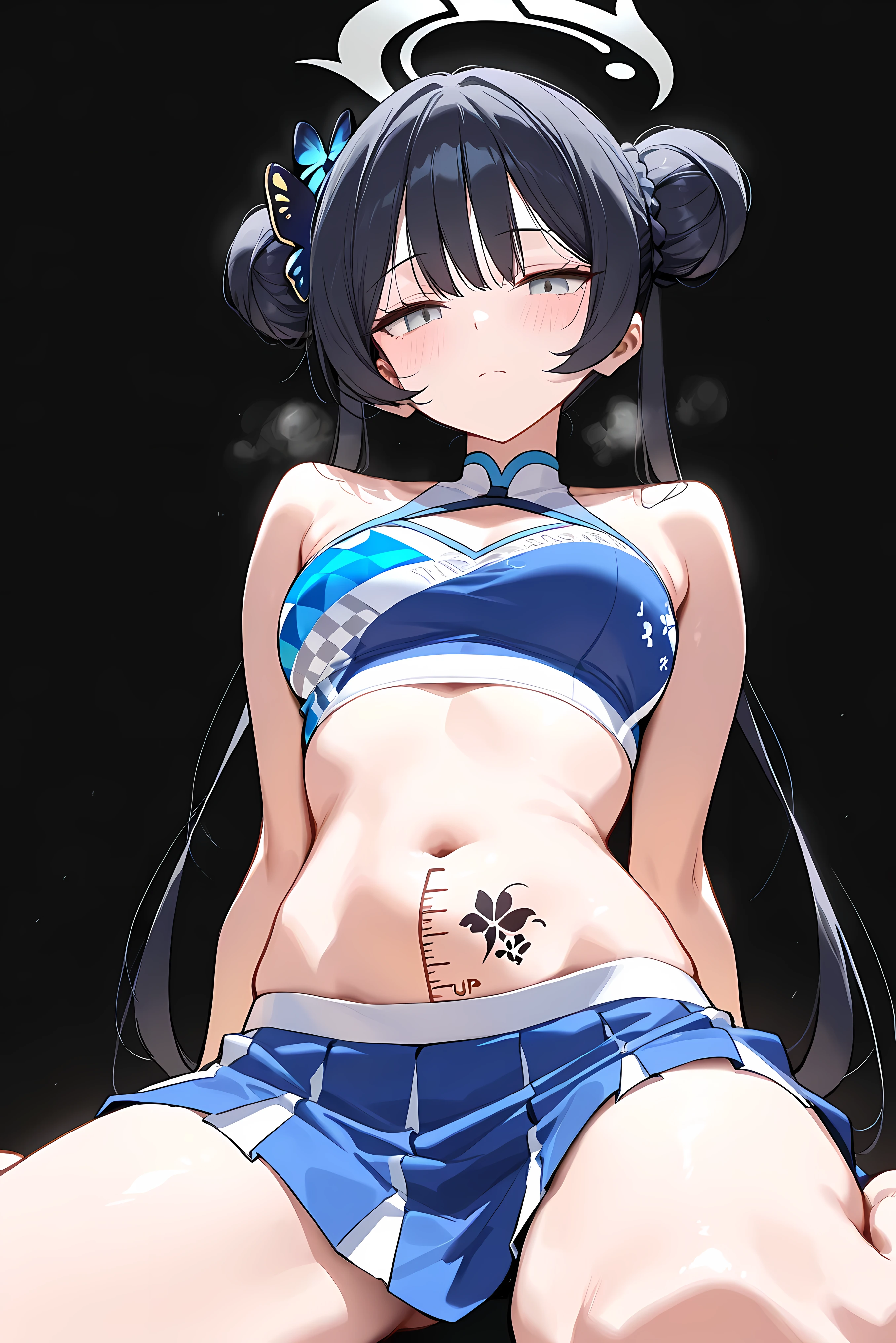 score_9, score_8_up, score_7_up, masterpiece, best quality, very aesthetic, absurdres, tunning image, attractive image, 1girl, adult grown woman, solo, kisaki \(blue archive\), grey eyes, black hair, double bun, twintails, halo, masterpiece,best quality,amazing quality, ero404, 5 fingers, alternate outfit, blue cheerleader, skirt, midriff, crop top, lower-abdominal ruler, navel, ruler tattoo, heavy breathing, closed mouth, simplae background, black background,