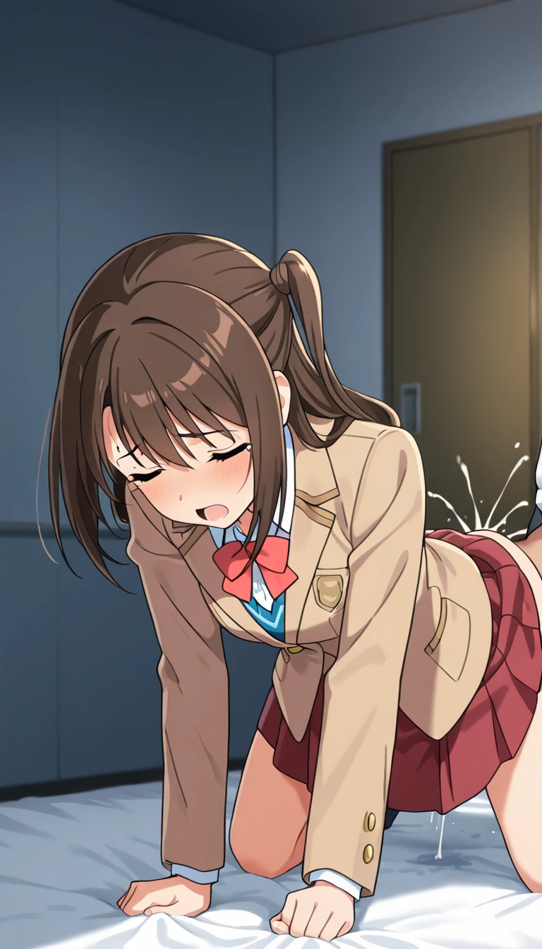 score_9, score_8_up, score_7_up, rating_explicit, anime screencap, POV, amazon position, 1girl, solo, working!!, taneshima popura, brown eyes, brown hair, long hair, ponytail, (large breasts:1.2), white shirt,black skirt,apron, panties aside, popura-schooluniform , faceless male, skirt up, penis, drunk, vulgarity, girl looking back, look penis, sweat, cum explotion, cum exlpoed , cuming everywhere
