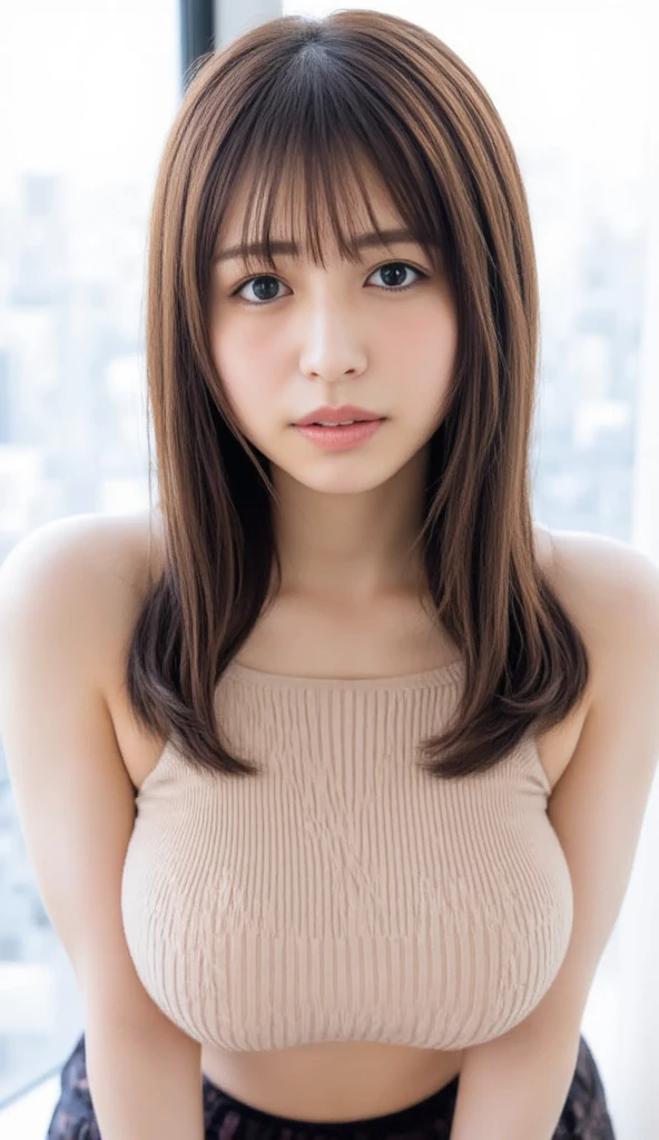 Highest quality, Realistic, 8k, High resolution, 1 girl, woman, (Skin Dentition), (Portraiture: 0.6), nice, (White Background: 1.82)), ((Big round breasts, Sleeveless white T-shirt: 1.75)), Straight Viewer: 1.8, (1 girl Eyes, Medium length hair, Brown Hair, Parted bangs : 1.65), Realistic, (Bokeh), (Mouth closed: 1.46), nice, Pure Eros Face_v1,((Natural big breasts:1.2)),((Upper Body))