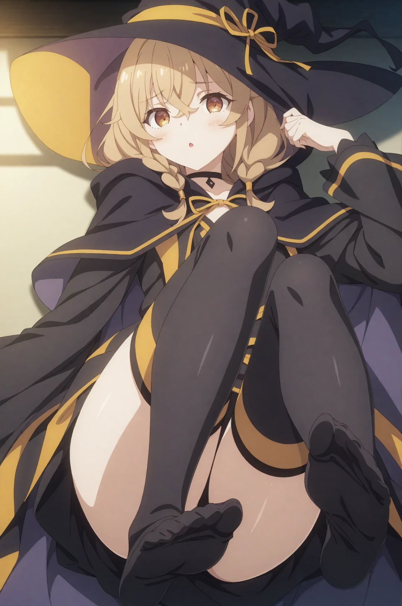 Best Quality, 8K, kawaii, kirisame marisa, glowing yellow eyes, Witch Hat,a baby face, Yellow hair, The little girl looks 6 years old, Show panties, Provocative smile, Voluptuous thighs