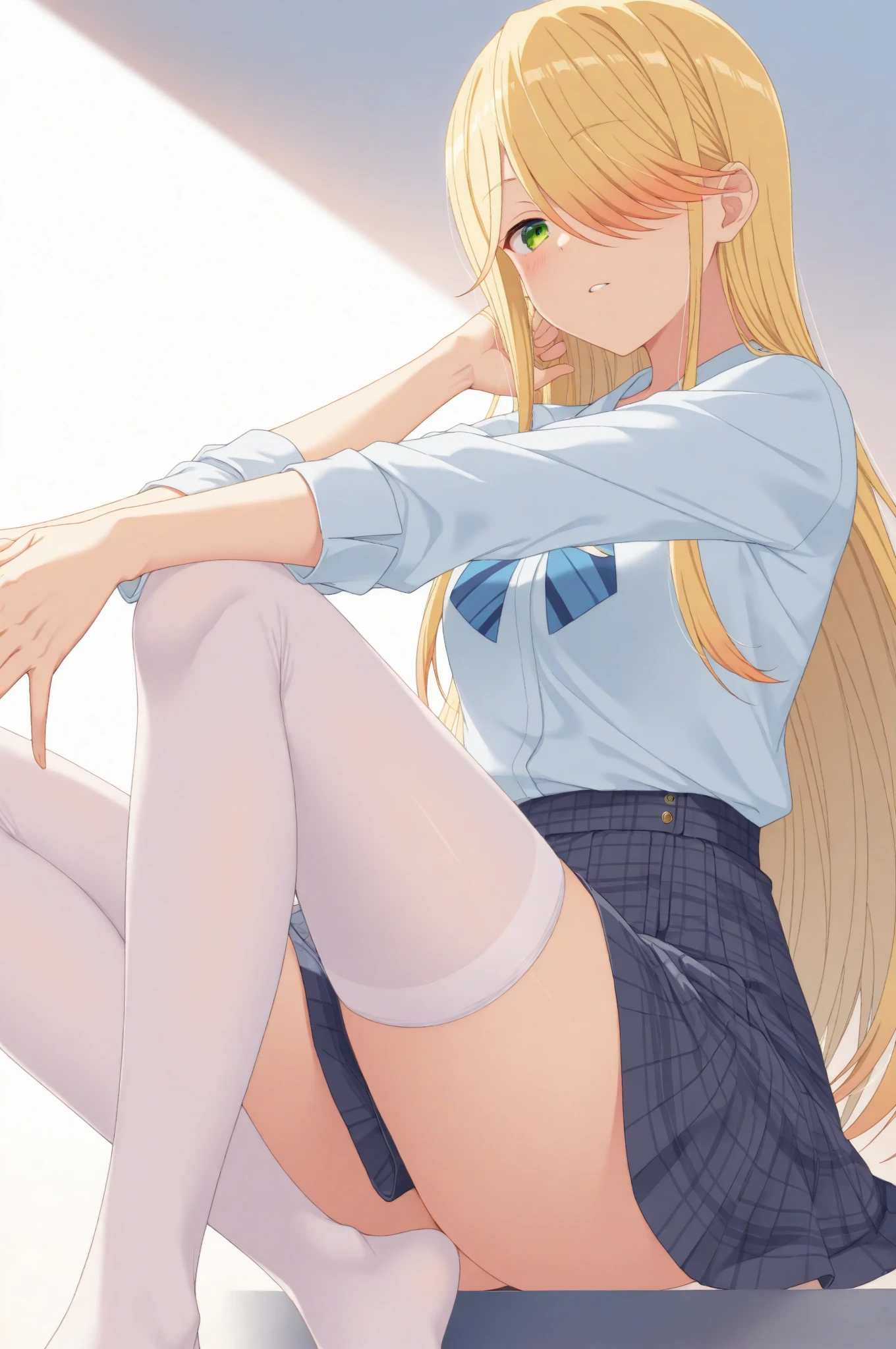 #Basics A girl is posing for a photo, ((One Girl:1.4)) + (((Baby Face:1.4)) + ((cute:1.4)) + ((15 years old))), 
break 

#Clothing Accessories 
((school uniform) : (Navy blue student blazer) + (White dress shirt) + (Red tie) + (Navy Pleated Skirt)), ((Black knee-high stockings:1.4) : (Low denier:1.4) + (Sheer:1.4) + (Shiny)),  (Black Loafers)), 
((Gold ear cuffs)),
break 

#Features 
((Blonde)), ((blunt bangs:1.5)), ((Chest-length sideburns)), (((Straight Long Hair) : Long Hair + Voluminous Hair + Straight hair)), 
((Droopy eyes:1.4, Big eyes:1.2), blue eyes), ((Small breasts)), 
break 

#background environment 
((School classroom, noon + Sunshine)), 
#Facial Expression Pose  
((Surprised face, smile, Open your mouth)), ((Standing in a relaxed pose in the classroom)), 
#composition 
((Face the camera, (Character Focus), (Angle from below), (full body))), 
break 

#Body parts elements 
(Slim figure), 
(Detailed Hair, Beautiful Hair, Shiny Hair), 
(double eyelid, Long eyelashes), 
(Expression of fine eyes, Beautiful and delicate eyes, Sparkling eyes, Eye Reflexes, Glitter Eyeliner), 
(Human Ear), 
(Beautiful Nose, Thin Nose), 
(Shiny唇, Beautiful Lips, Thick lips), (Symmetrical facial features), 
(Detailed skin, Textured skin, Beautiful Skin, Oily skin), 
break 

#Quality Image Quality Common 
(((Highest quality)), ((masterpiece)), ((Very detailed))), ((Ultra-high resolution)), ((16K, 1080P)), ((Full HD)), 
(Anatomically correct), (Realistic), (3DCG), (Oil painting), 
((comics, anime)), (CG illustration), (RAW Photos), 
(High contrast), (Highly saturated colors), (The whole picture clearly), (Everything before and after is clear), 
