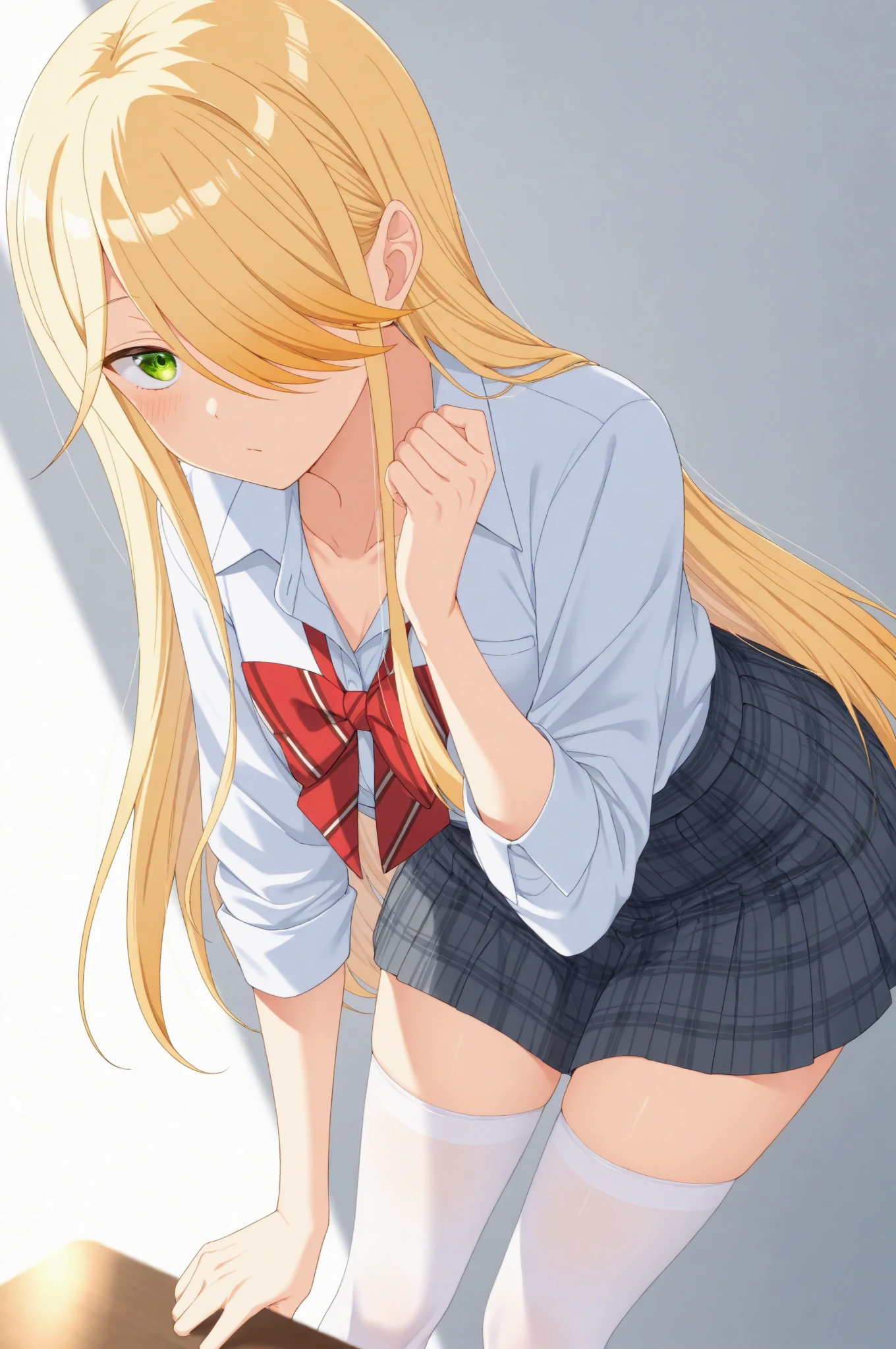 masterpiece, best quality, 1girl, solo, bangs, long hair, blonde hair, blue eyes, smug, smile, small breasts, white blouse, short sleeves, red bow, black skirt thigh-highs, , looking at viewer, panty, cowboyshot