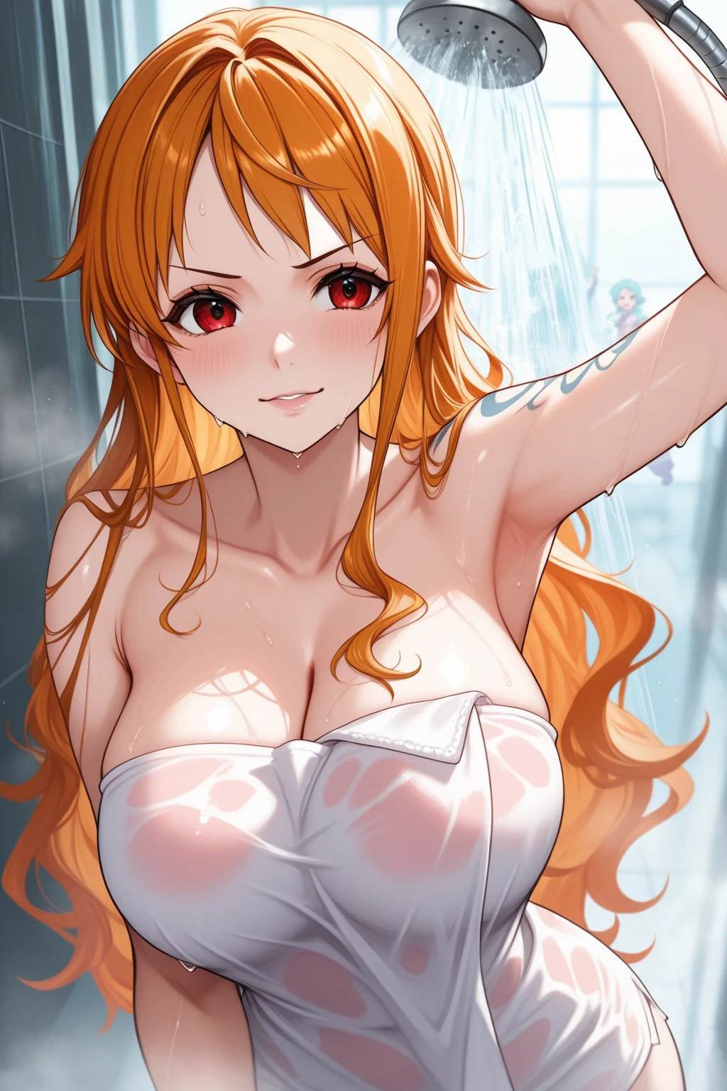 (masterpiece, best quality), ((1girl, solo, long hair)), Ishmael_limbus, innocence expression, bare arms, bare shoulders, bare neck, watercolor, sundress, liquid clothes, water, waves, water dress, blue_theme, night, mist, dark, sharp focus, sea, see-through dress, orange hair, (nsfw:1.5)