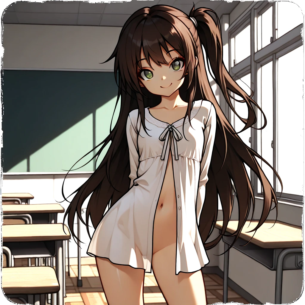 2d, masterpiece, best quality, anime, highly detailed, cowboy shot, 1girl, solo, monika, nude girl, sexy, blush, green eyes, very long hair, ponytail, standing, leaning forward, arms behind back, smile, classroom --auto