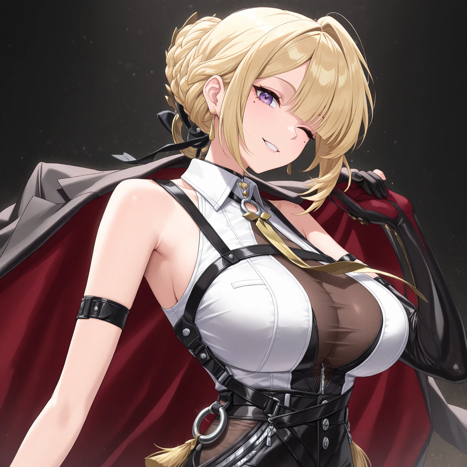 Young, blonde haired girl, medium breasts, black low-cut crop top, fishnet leggings with red bands at the top, purple cloak, gold necklace to draw attention to cleavage, smile, smiling, sexy pose