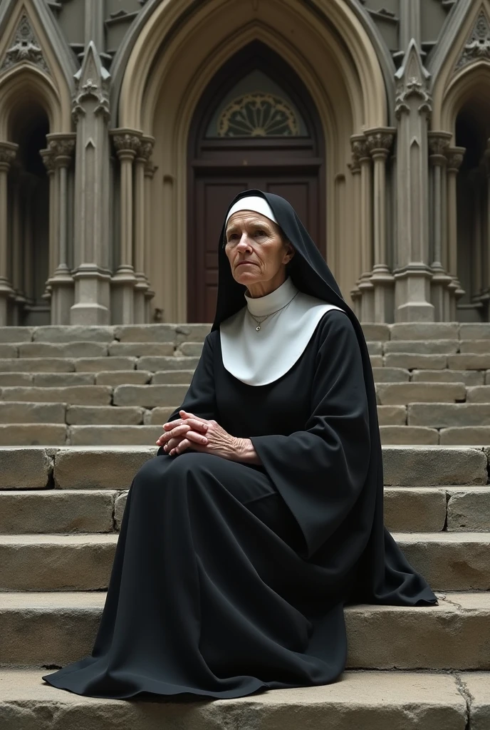 (masterpiece:1.4), (58-year-old woman:1.5),(Facial wrinkles : 1.2), smirking, pores, dull skin, skin blemishes, motherly mature woman, long beautiful hair, large saggy breasts, (dressed as a catholic nun), (black and white clothes), (long dress with deep slit : 1), detailed backgrounds, church, divine atmosphere, rosary, cross