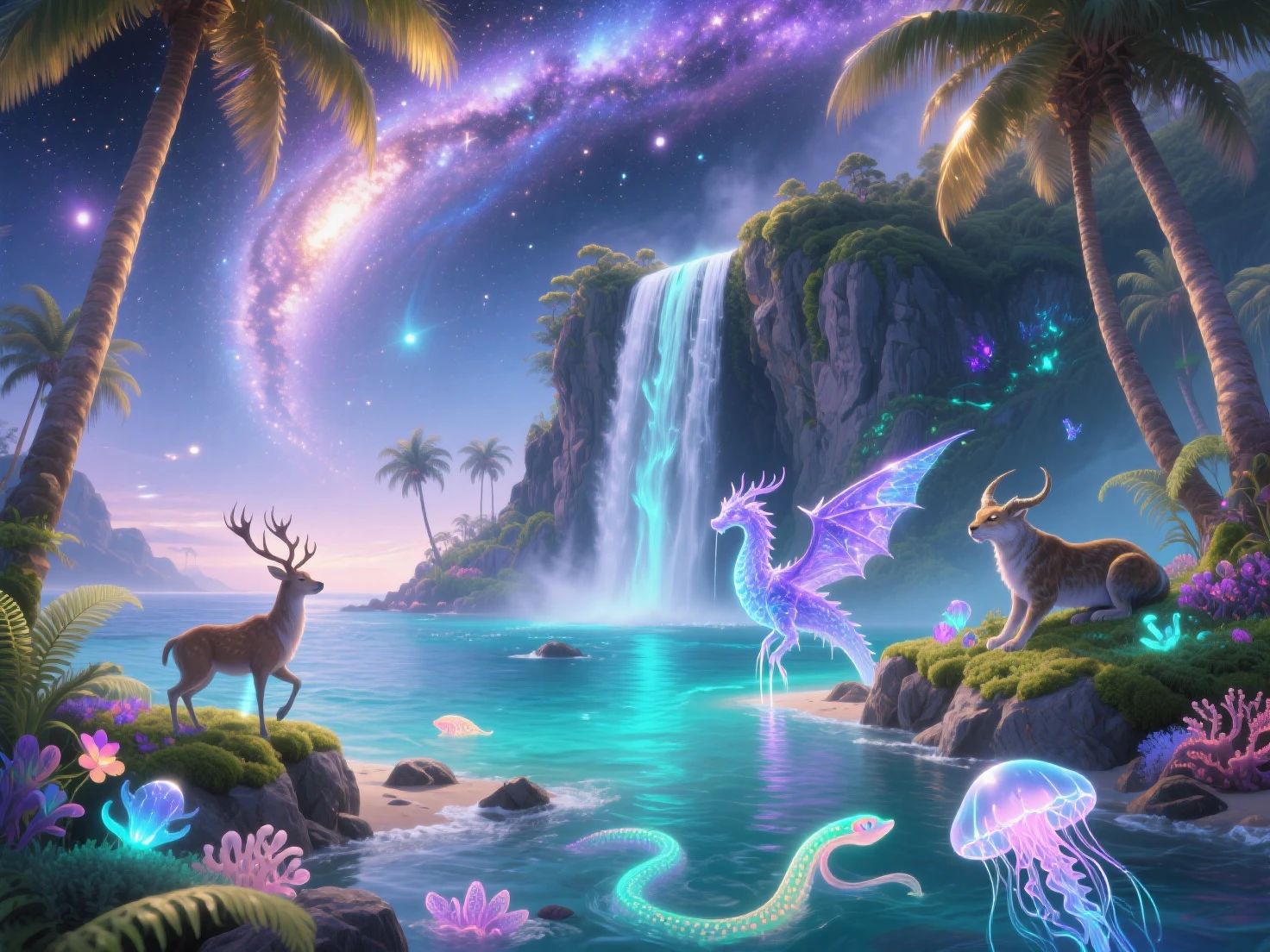 17. In the midst of a surreal desert sunset, a tribe of fairies and sprites ride atop a sea serpent through an art-filled oasis, their gossamer wings sparkling with starlight as they enchant onlookers with tales from mythical realms far beyond this world.