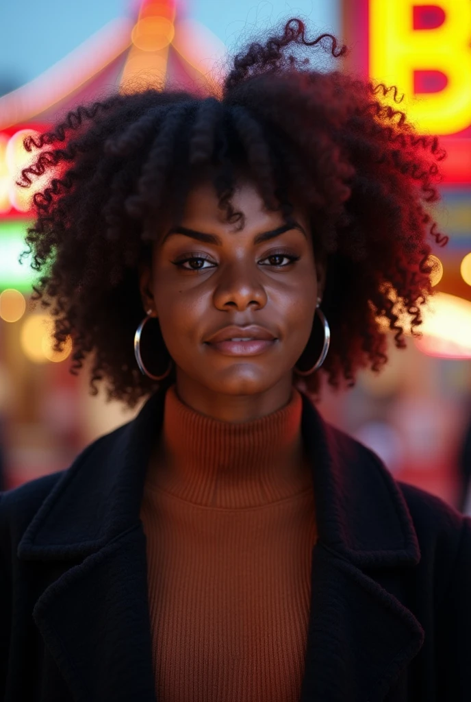 Haitian girl dress shy with dark skin, Short frail afro curly hair, amber eyes, hoodie
