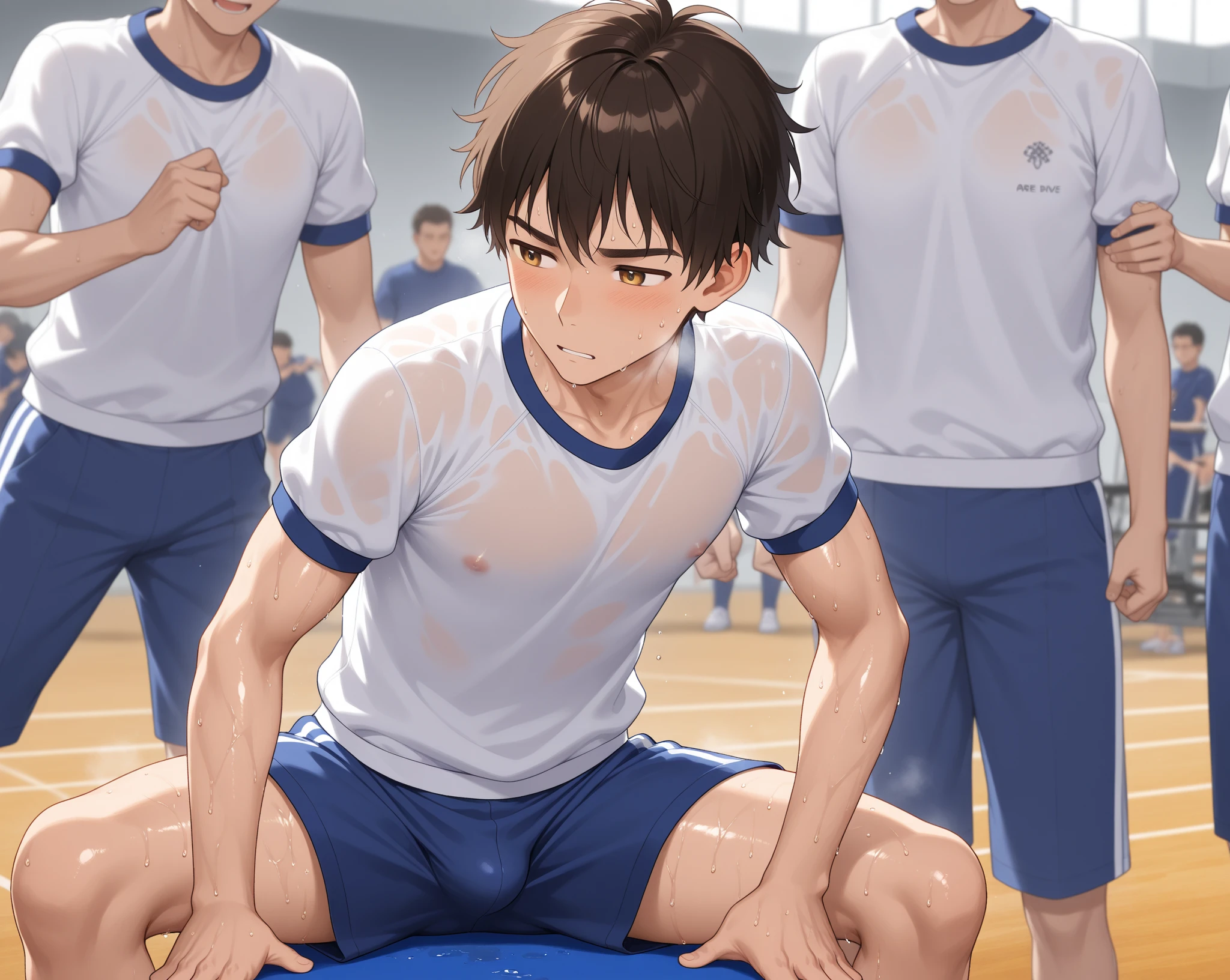 (score_9,score_8_up,score_7_up,score_6_up,score_5_up,score_4_up, source_anime), 8k, best quality, best lighting, BREAK, 1boy, 15 yo, thin eyebrows, toned, six pack, short sleeved navy soccer shirt, (bottomless: 2), veiny arms, , huge penis ((erect : 1.7)), huge testicles, thick outline, , blush, locker room, wide shot, look away, yoichi_isagi, blue eyes, black hair, sitting steel bench, spread legs, panting, bedroom eyes, steam, sweat, ((orgasm face)), (super massive cumshot: 1.5), cum on face, cum on shirt, cum on hair, cum on chest, cum on legs, cum strings, cum in mouth,